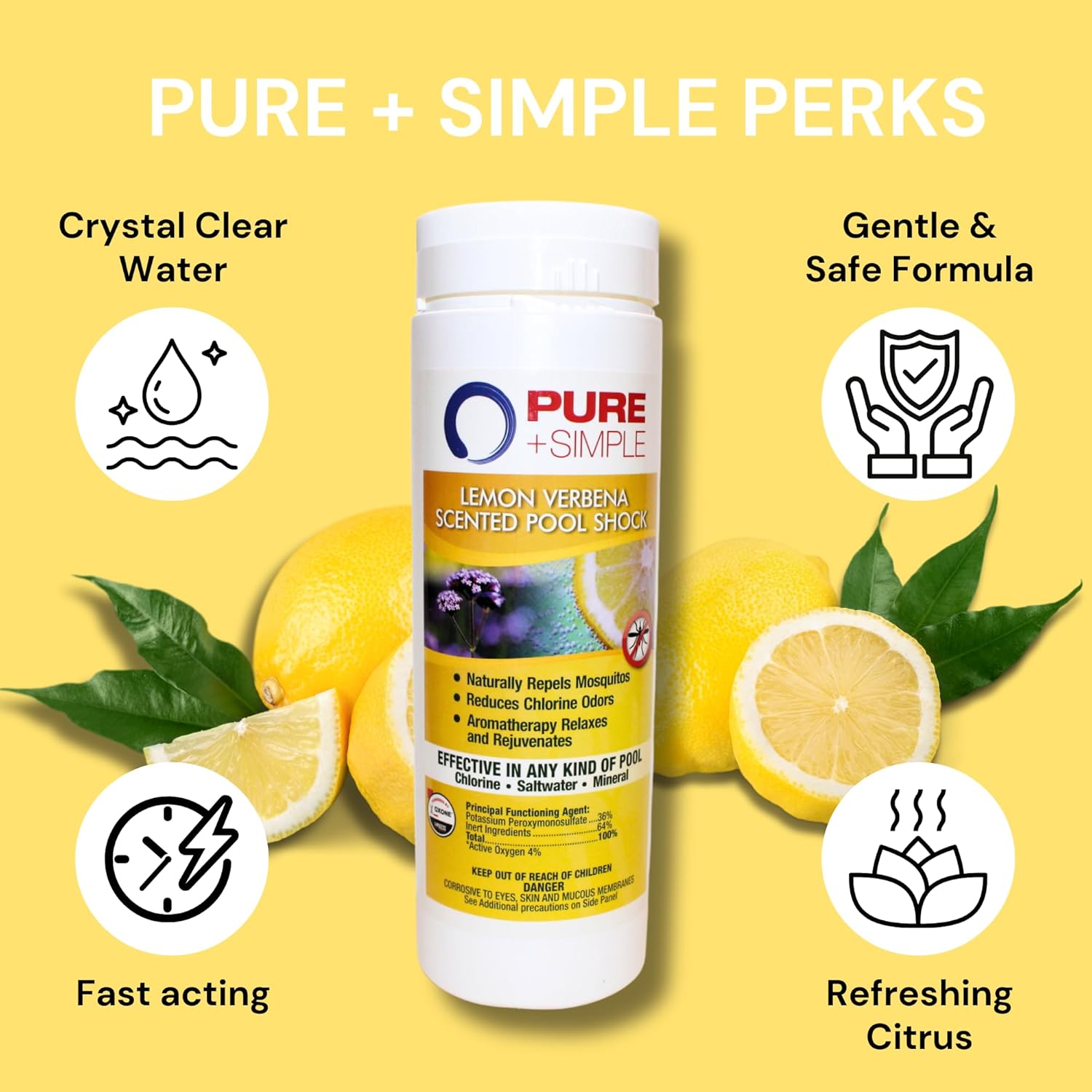 Pure and Simple Lemon Scented Non-Chlorine Pool Shock: Enhance Your Pool Water While Infusing It with Relaxing Fragrance—Perfect for All Pools, Including Saltwater - 2lb