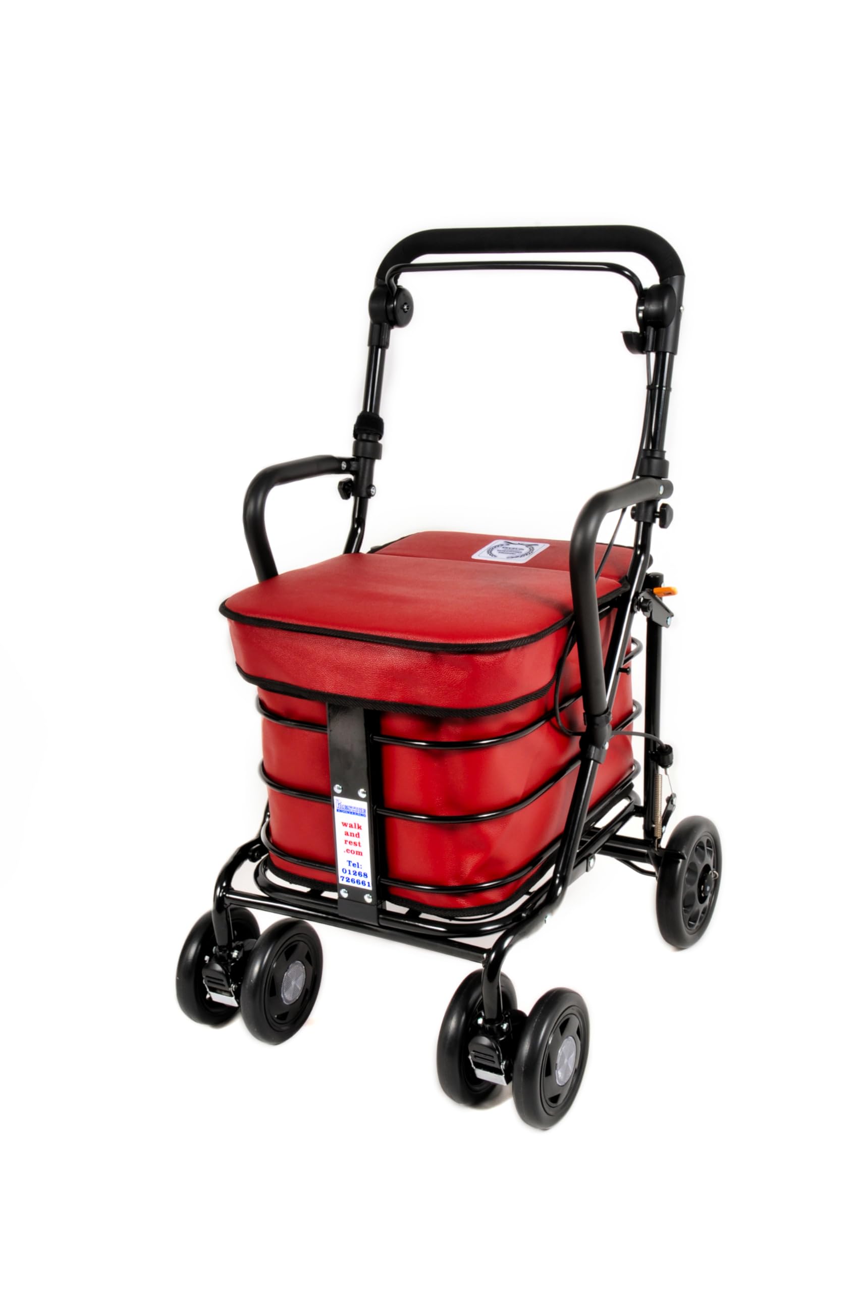 Prestige Walk and Rest Shopping Trolley with Seat & Armrest/Walking frame/Seated Mobility Trolley/Stroller/Walking Trolley (FULLY ASSEMBLED in UK READY TO USE!) BLACK EDITION (Red)