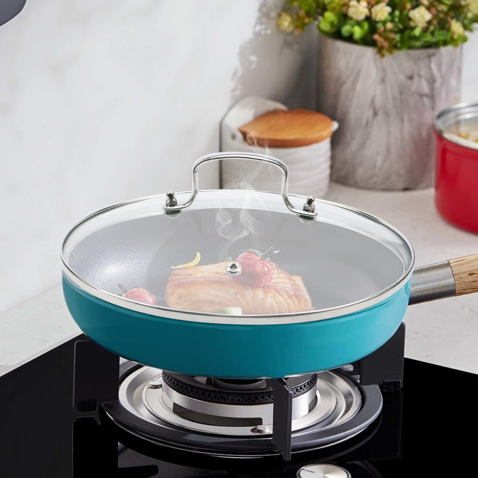 Woogim Copriventola in vetro temperato da 25,4 cm con manico per coperchio universale per padella, wok, pentola per zuppa, vapore, padelle, 1 pezzo, trasparente