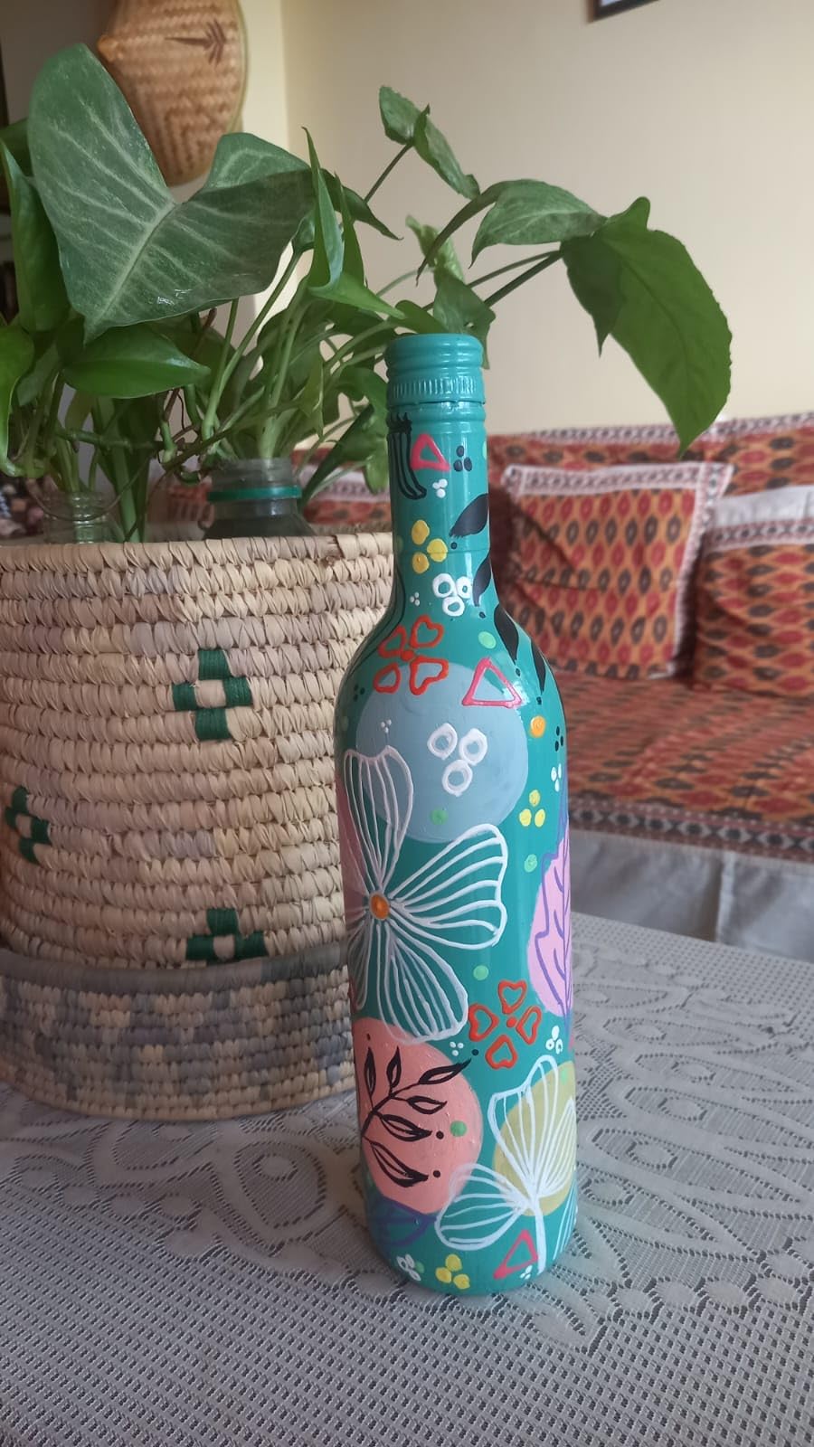 Nu Fashion Hand Painted Upcycled Decorative Glass Bottles | Boho Design Painted Glass Bottle Vases | Sea Green, Multi-coloured Floral Decorative Bottle Vase for Office & Living Room-image-6