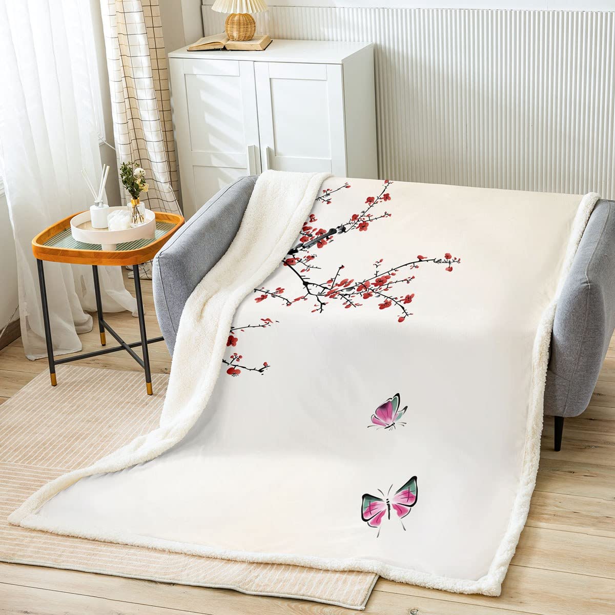 Homemissing Japanese Ukiyoe Fleece Throw Blanket Cherry Blossoms Sherpa Blanket for Kids Boys Girls Japanese Style Beige Fuzzy Blanket for Sofa Bed Butterfly Botanical,Double 60x79 Inch