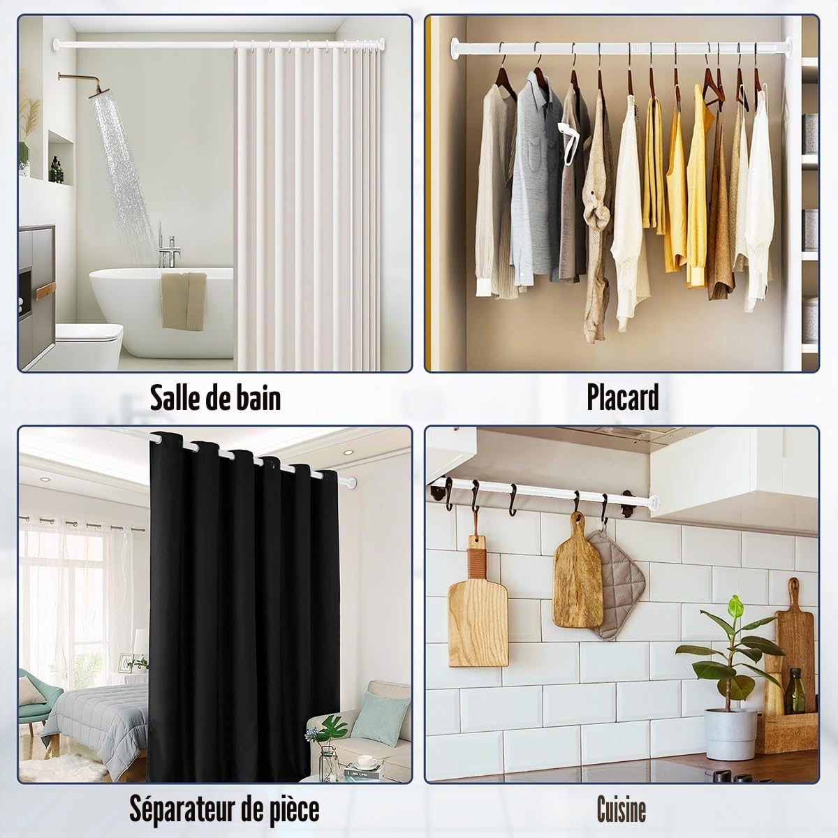 1 Barre Extensible à Rideau 240-310CM 330-400CM, Tringle à rideau télescopique extensible Sans Percage pour salle de bain, placard et jardin, Ø32mm(Noir,330-400cm)