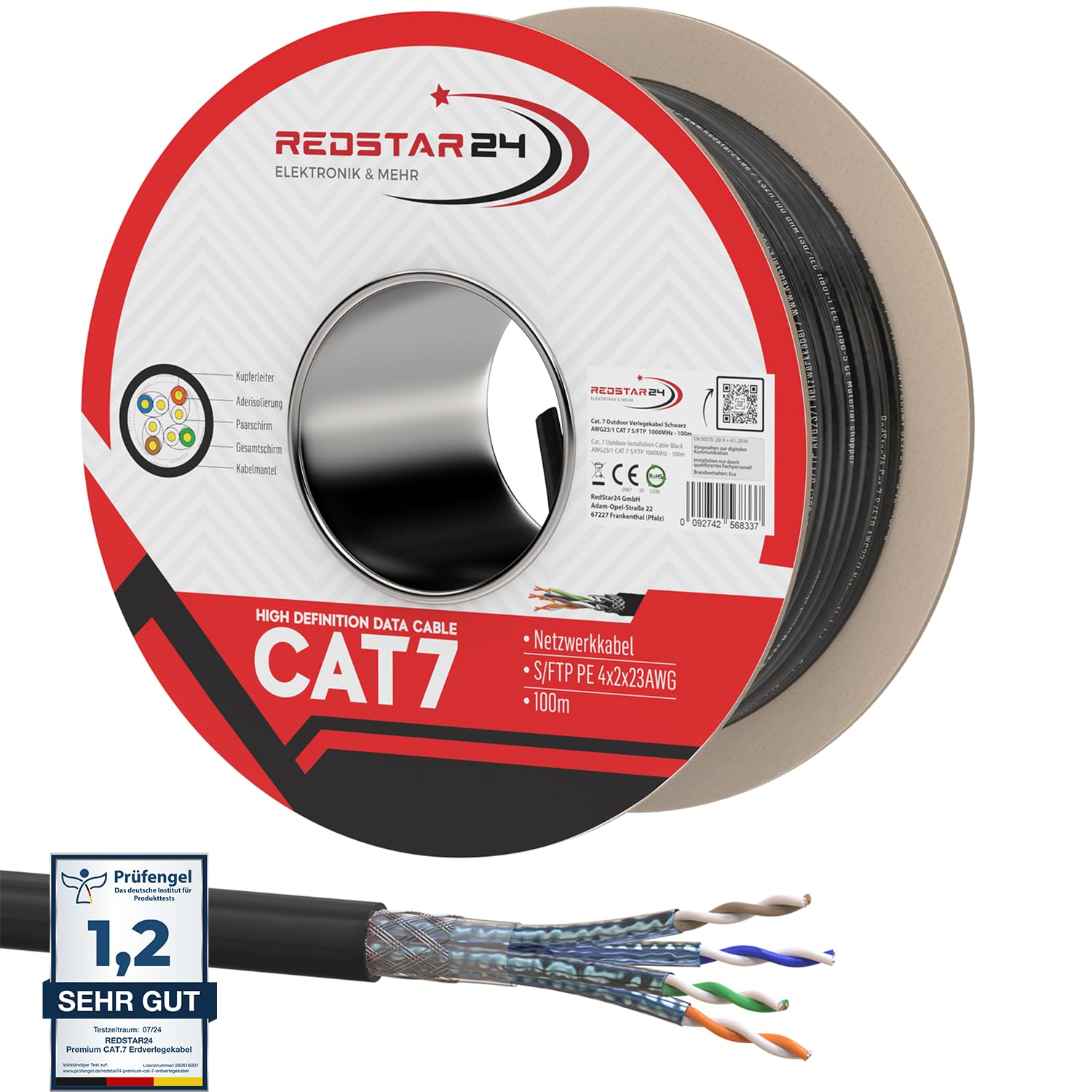 RedStar24 100m Cat7 Erdkabel Verlegekabel Outdoor Lan Kabel Installationskabel Schwarz AWG23/1 CAT 7 S/FTP Ethernet Netzwerk 1000MHz geschirmtes Datenkabel Netzwerkkabel für Außenbereich UV-beständig