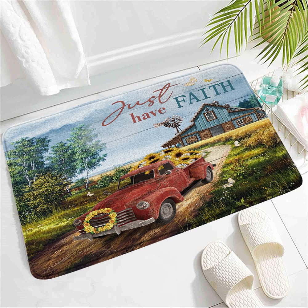 Farmhouse Rustic Car Bath Mat,Vintage Farm Red Truck with Sunflowers Barn Windmill Spring Western Country Rugs Non-Slip Bathroom Mat Rug Bath Mats