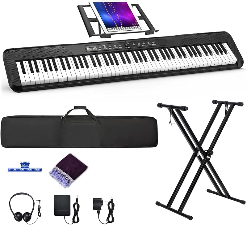 88 Key Digital Piano, Semi Weighted Electronic Keyboard Piano with Music Stand, Power Supply, Sustain Pedal, Bluetooth, Carrying Case, Headphones, USB-MIDI Compatibility, for Beginner Professional