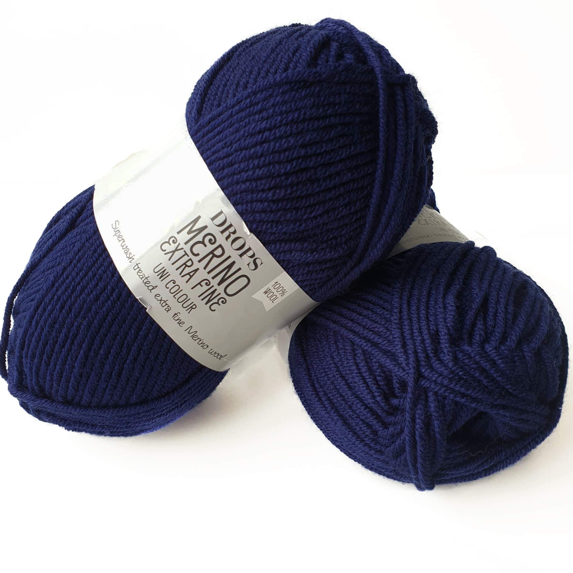Superwash 100% Merino Wool Yarn for Knitting and Crocheting, 3 or Light, DK, Leight Worsted Weight, Drops Merino Extra Fine, 1.8 oz 115 Yards per Ball (27 Navy Blue)