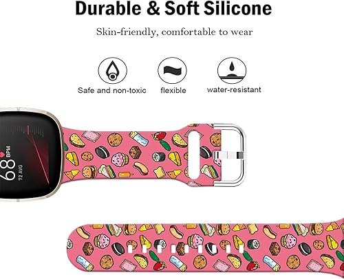 Floral Pattern Printed Cartoon Watch Bands Compatible with Fitbit Versa 4/ Versa 3/ Fitbit Sense 2/Sense Band Soft Silicone Sport Cute Strap Replacement Wristband for Men Women Teens.(Delicious Food)