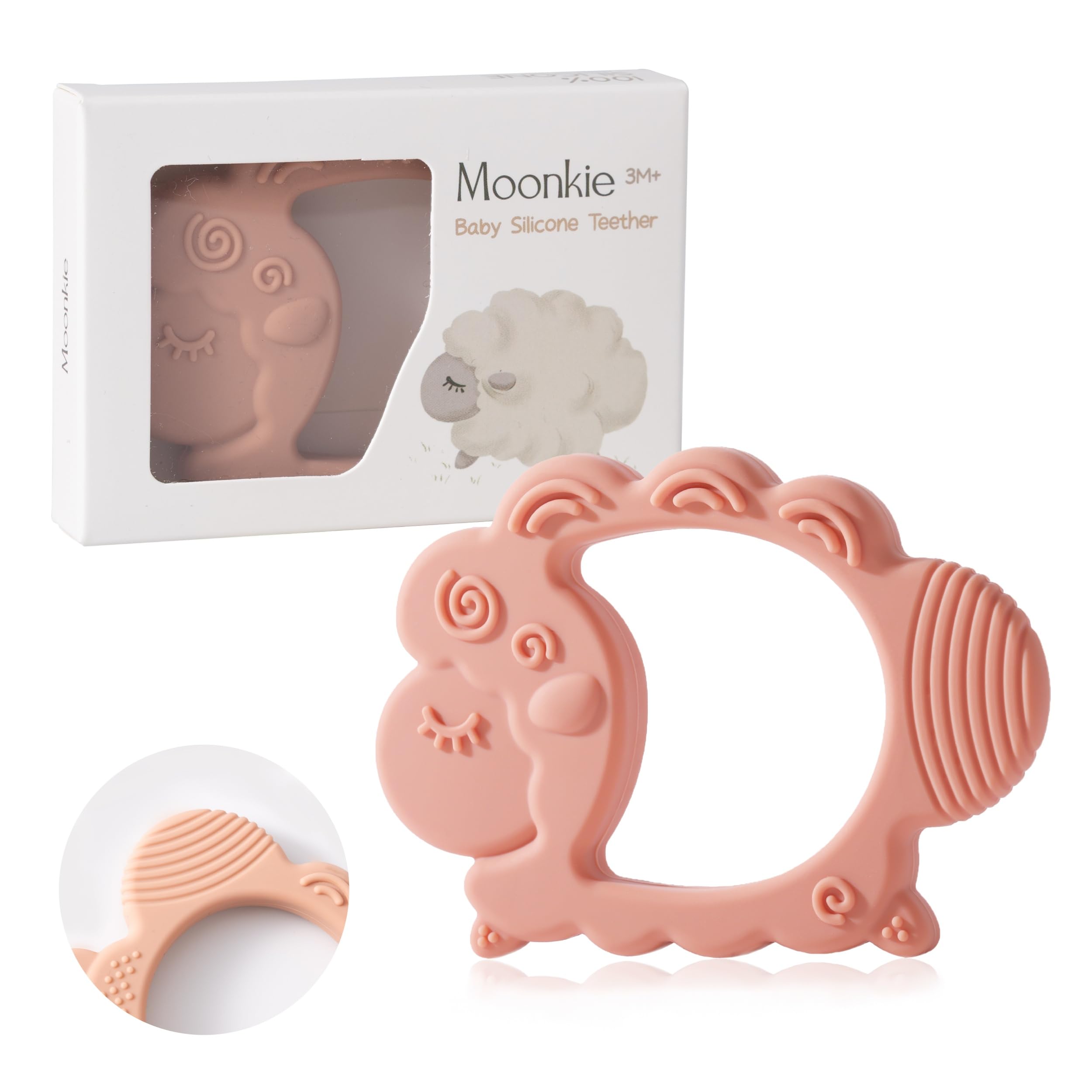Moonkie Beißring Baby, Zahnungshilfe Silikon, BPA-Frei Beißröhrchen, Schaf Spielzeug, Geschenk für Jungen & Mädchen, Beißspielzeug Baby ab 3 Monate(Schafe Zartrosa)