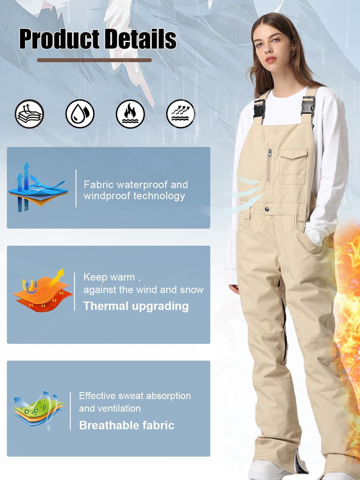 HOUZONIY Skihosen Für Damen, Damen Schnee Lätzchen, Wasserdicht Winddicht Isolierte Skihose, verschleißfeste Latzhose, Wandern, Klettern