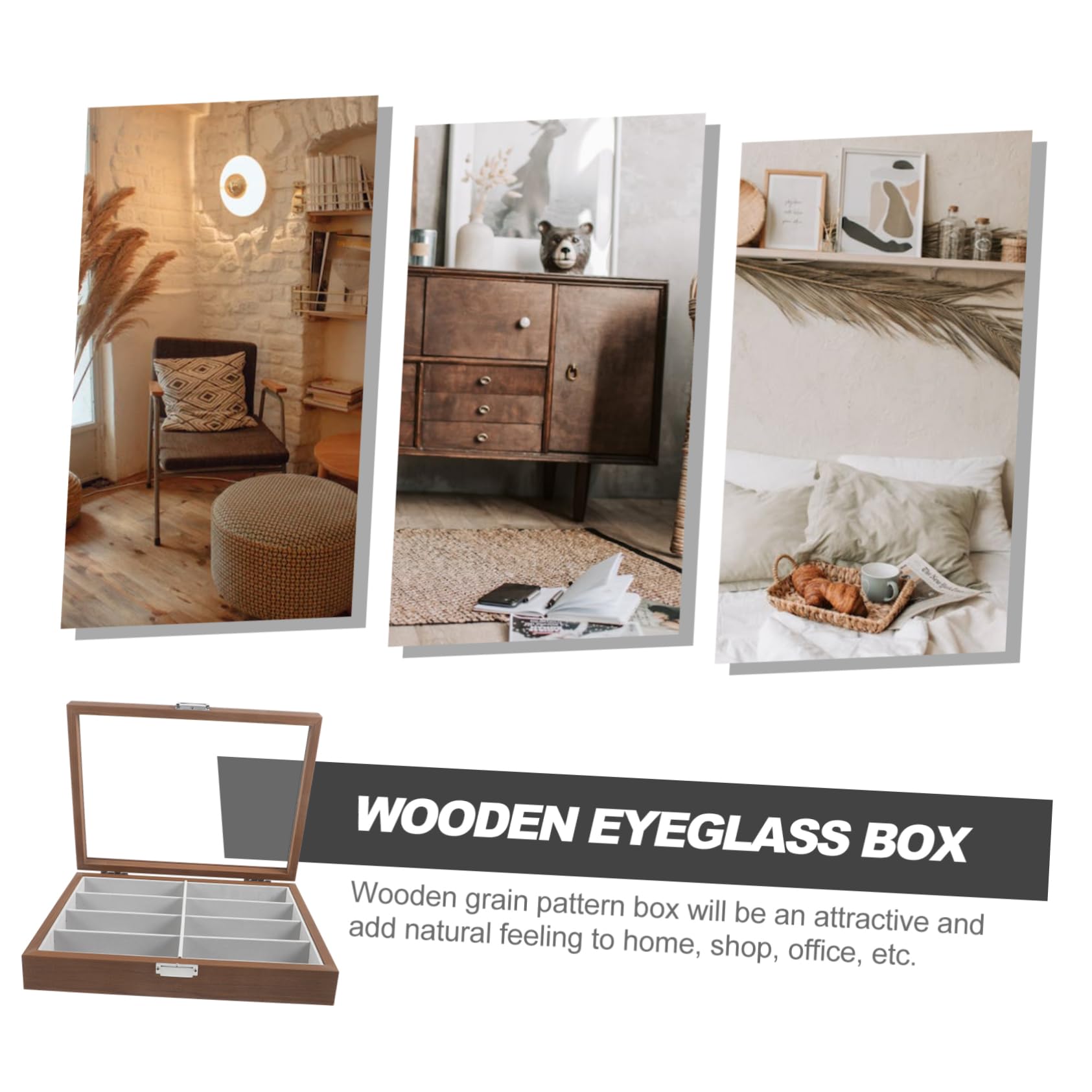 Boîte de Rangement pour Lunettes Coffret Bois avec Coussin Intérieur Vitrine Transparente pour Soleil
