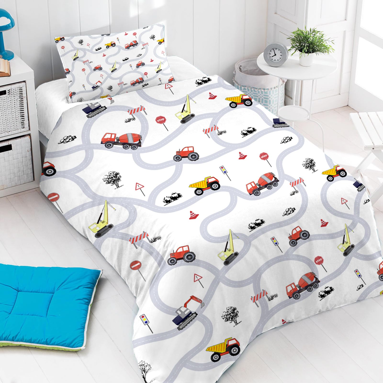 Yasida Kids Tractor Bedding Single Digger Duvet Cover Set including Traffic Signs And Roads For Teenage Boys Single Microfibre Duvet Cover 135x200 & 1 Pillowcase 50x75 Car Bedding White & Grey