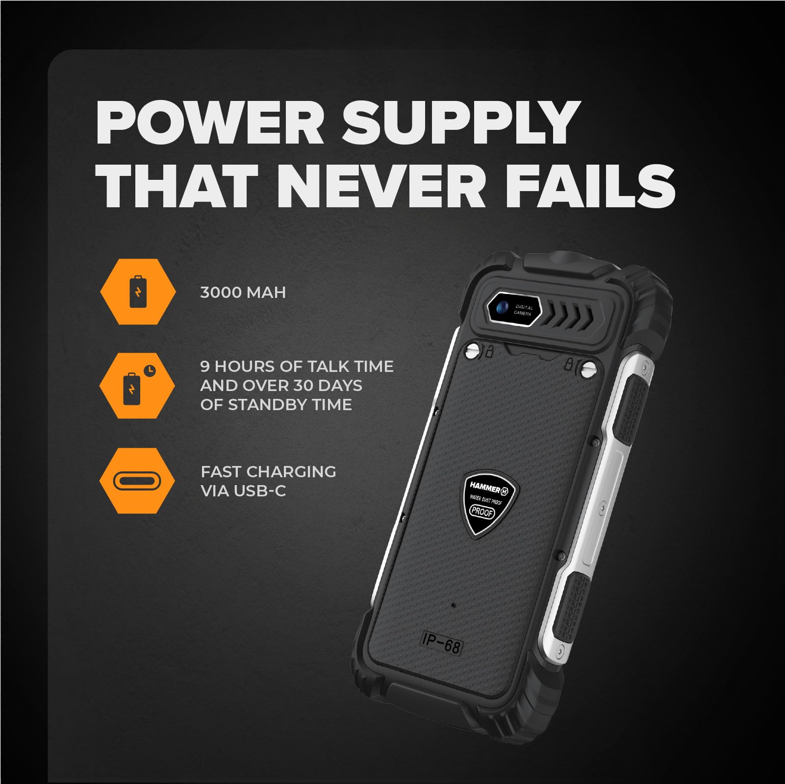 Hammer H Power Plus LTE Outdoor Handy ohne Vertrag, 4000mAh Akku, 128MB Memory, 64MB RAM, 2,8" IPS Display, große Tasten, Taschenlampe, 2 MP Kamera, FM-Radio, USB-C, Dual SIM Nano, Schwarz