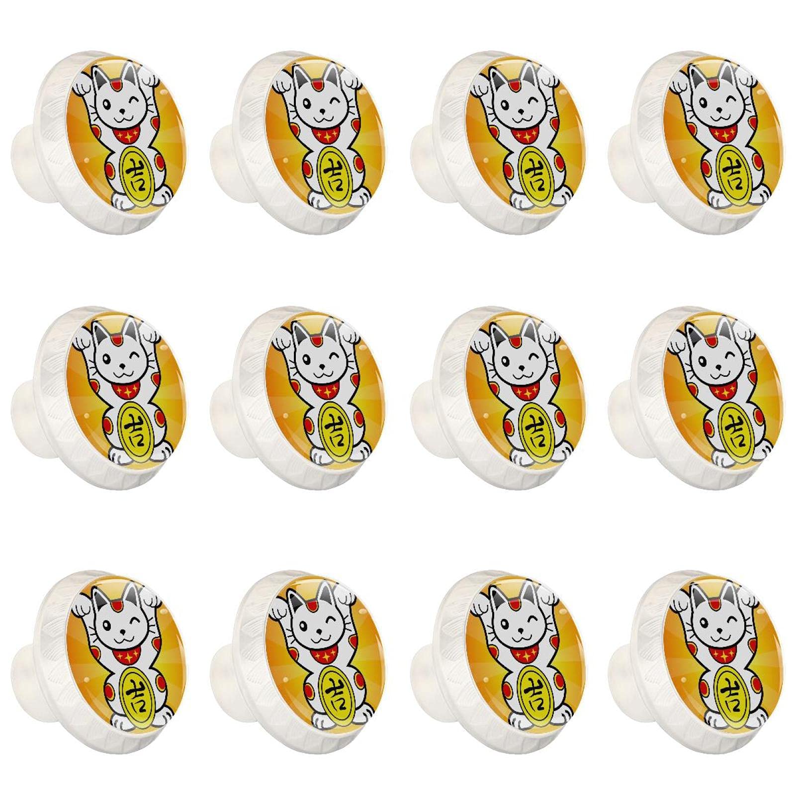 Boutons d'armoires de cuisine ronds en lot de 12 pièces motif chat de la fortune jaune