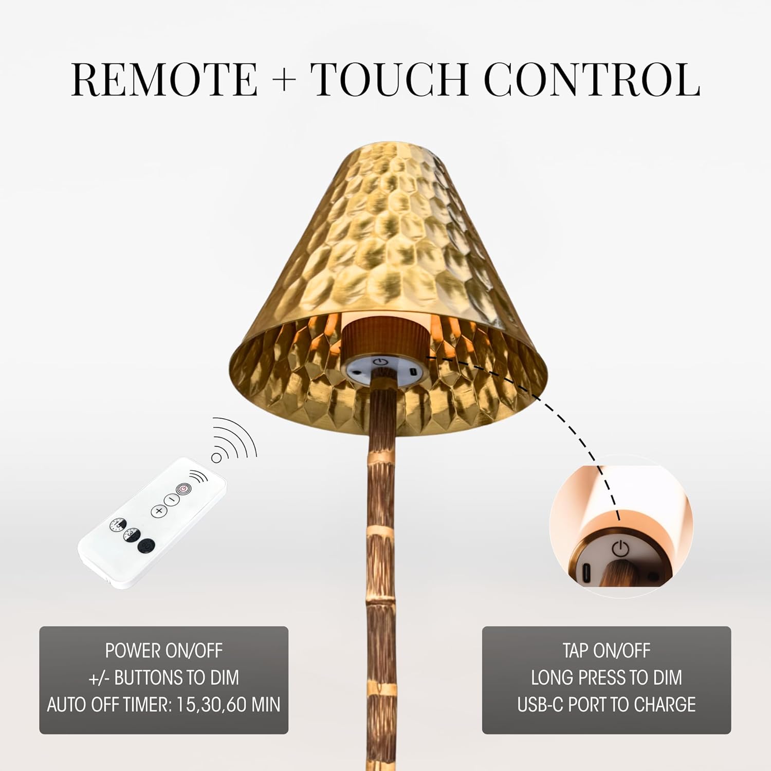 Bamboo Cordless LED Table Lamp – Rechargeable 24-Hour Battery, Dimmable Warm Light, 15" Portable Wireless Lamp with Remote for Indoor/Outdoor Use, Home, Patio, Restaurant – Textured Gold