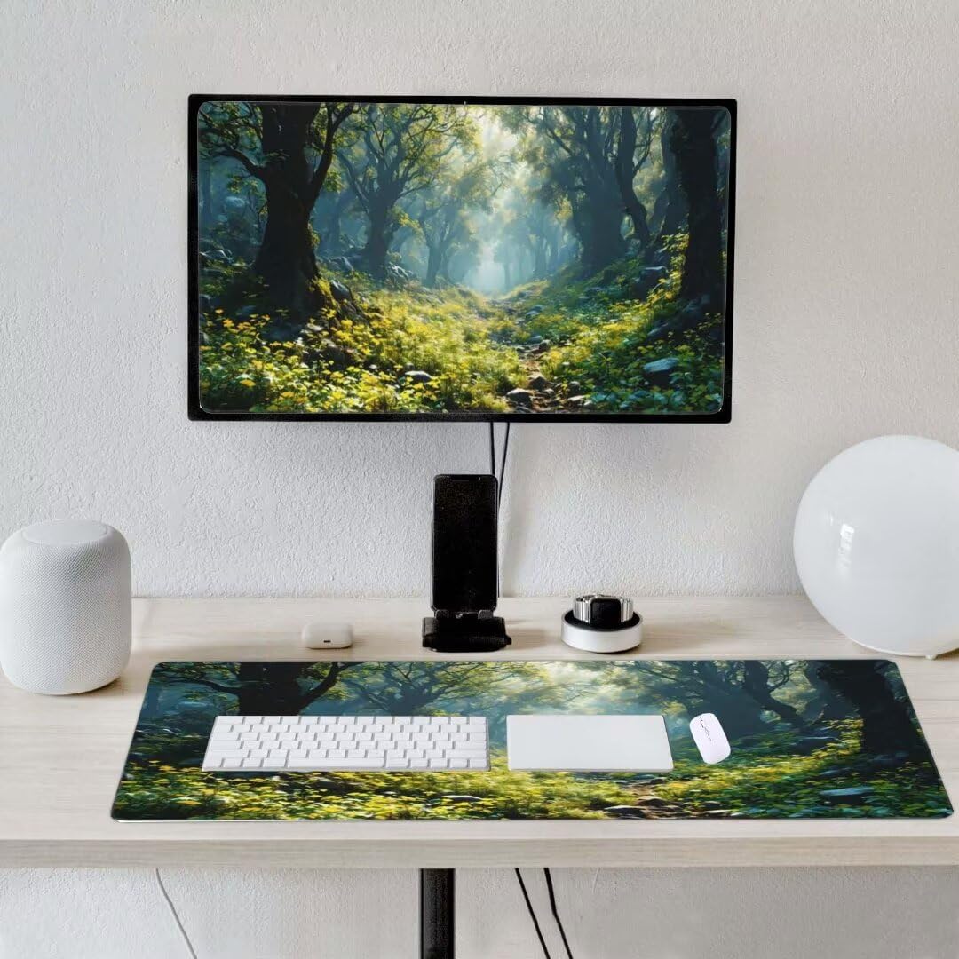 Alfombrilla de ratón 1400x600x3 MM, Alfombrilla Ratón XXL Extendida de Gran Tamaño con Bordes Cosidos, Base de Goma Antideslizante Almohadilla para Teclado, Árboles forestales S-10751