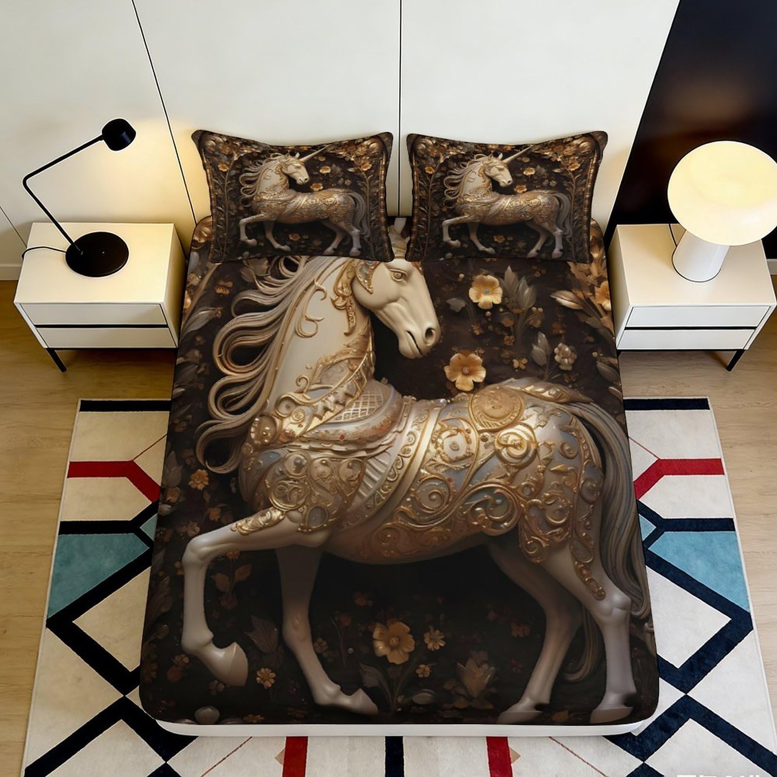 Jwndfkpvxzgl Style-4 3D Printed Golden Horse Fitted Sheet Microfiber Soft Bed Cover Decorative Art Bedroom Dorm Mattress Protection 90X200x25cm