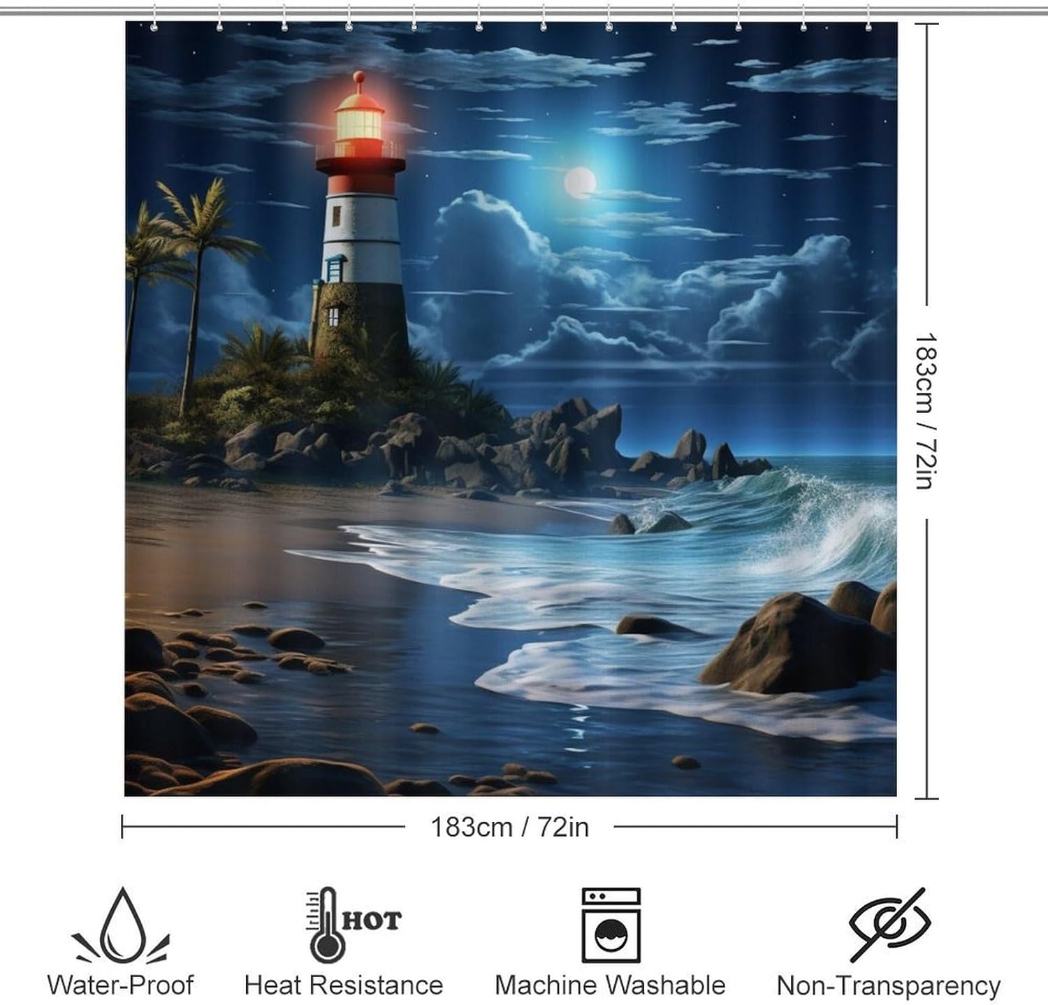 4 Pieces Coastal Lighthouse Shower Curtain Set, Nature Seascape with Palm Trees Print Bathroom Decor with Non-Slip Mats & Toilet Cover, 72x72 Inch Bathroom Curtain Includes 12 Hooks
