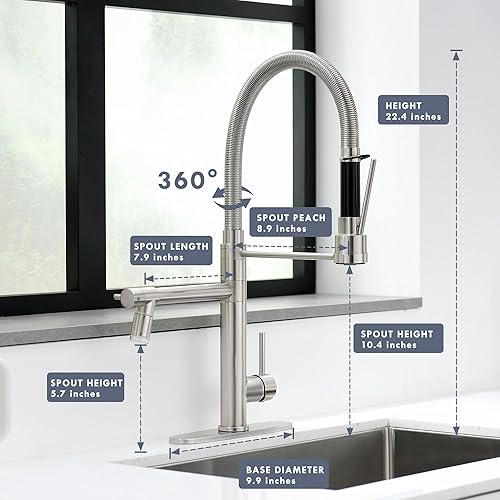 Miniatura 2 de GIMILI Grifo de cocina con rociador extraíble, grifo de cocina comercial con LED de doble cabezal de una sola manija de resorte de acero inoxidable