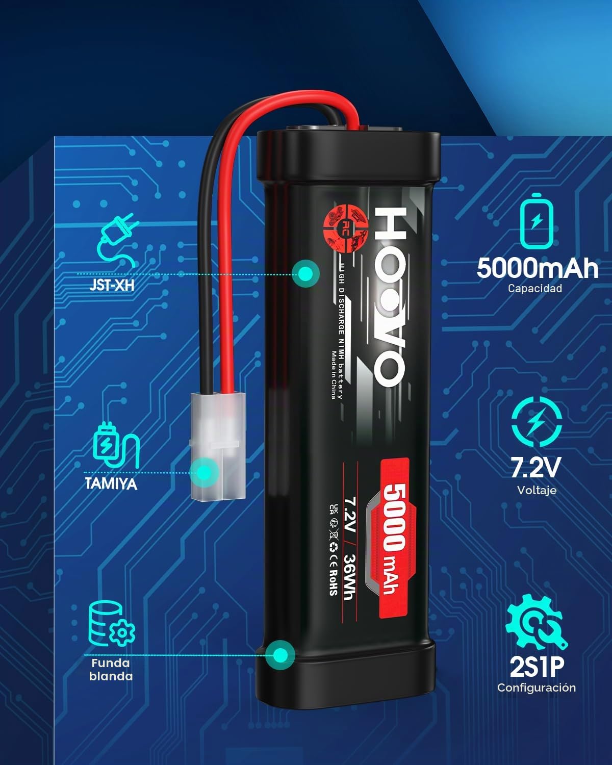 HOOVO Batería NiMH de 7,2 V, 5000 mAh, 6 celdas, para coches teledirigidos, aviones, helicópteros, barcos, buggy, juguetes (2 paquetes)