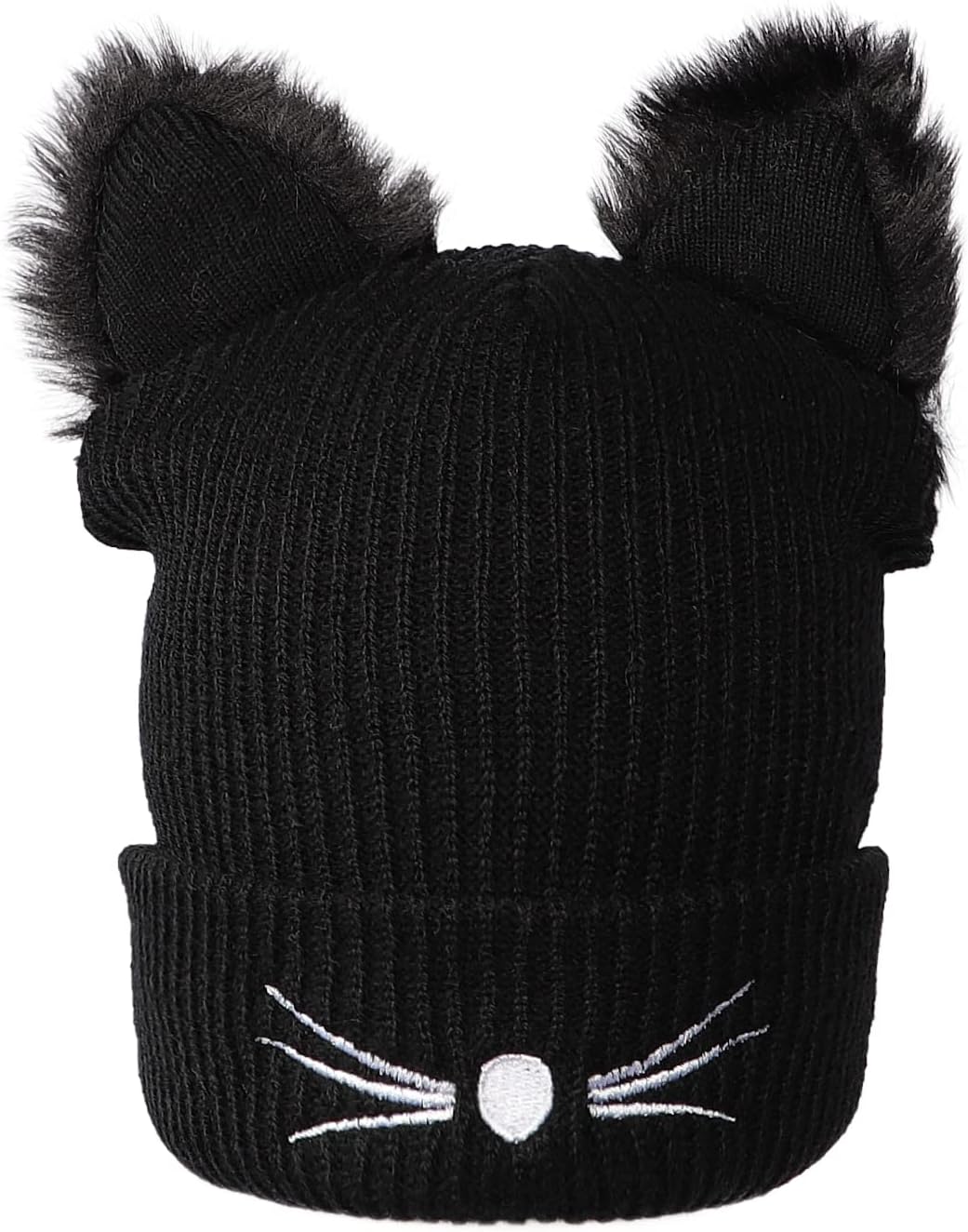 TINAYAUEFaux Rabbit Fur Hat with Stretch Knitted Hat Knit Pompom Beanie Hat Cycling Ski Cap Slouchy Winter Warm Cap for Women Black