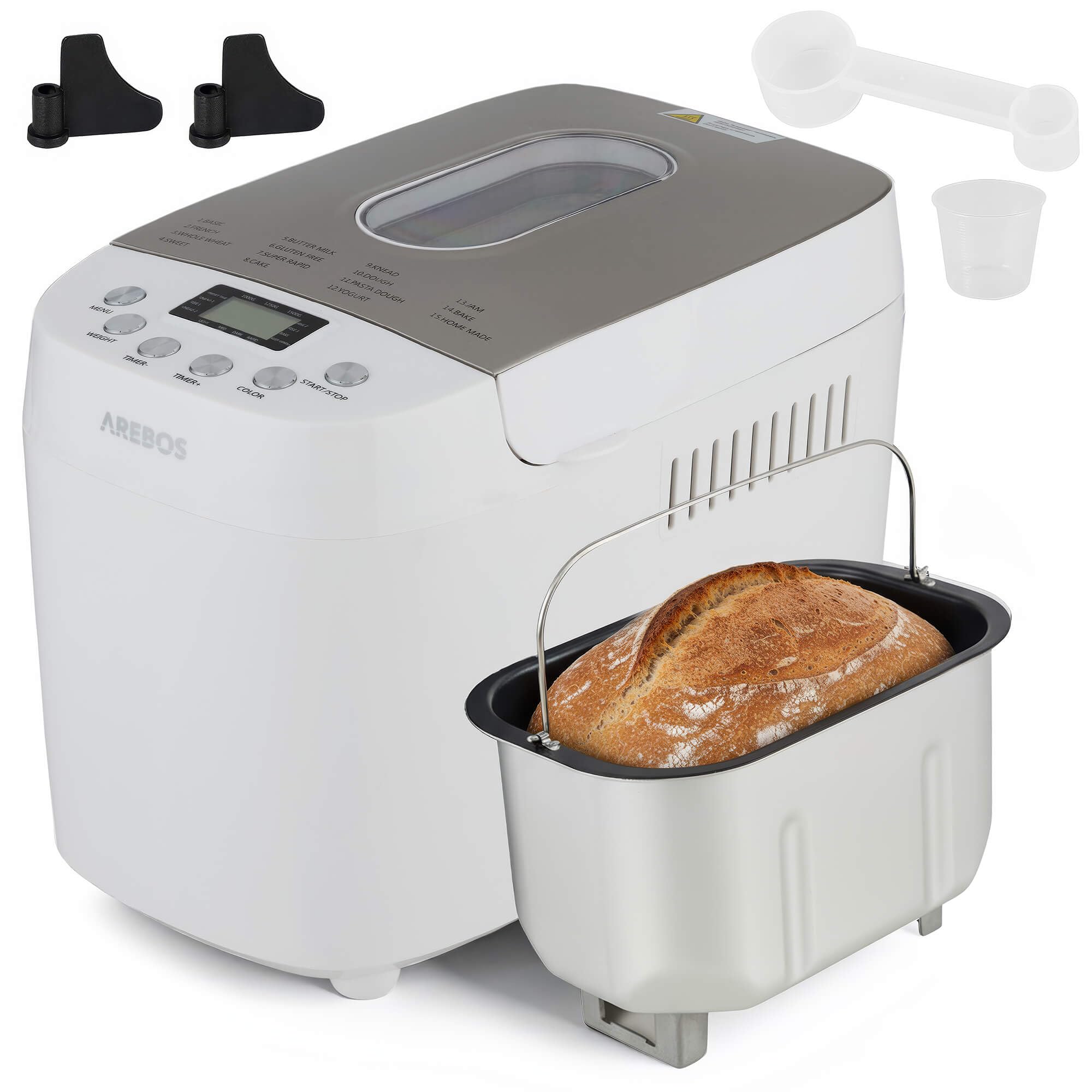 Arebos Wypiekacz do chleba 1500g | z 15 programami | 2 haki do ciasta | Timer | Wyświetlacz LCD | 3 poziomy przyrumienienia i rozmiary chleba | 850 W | Biały