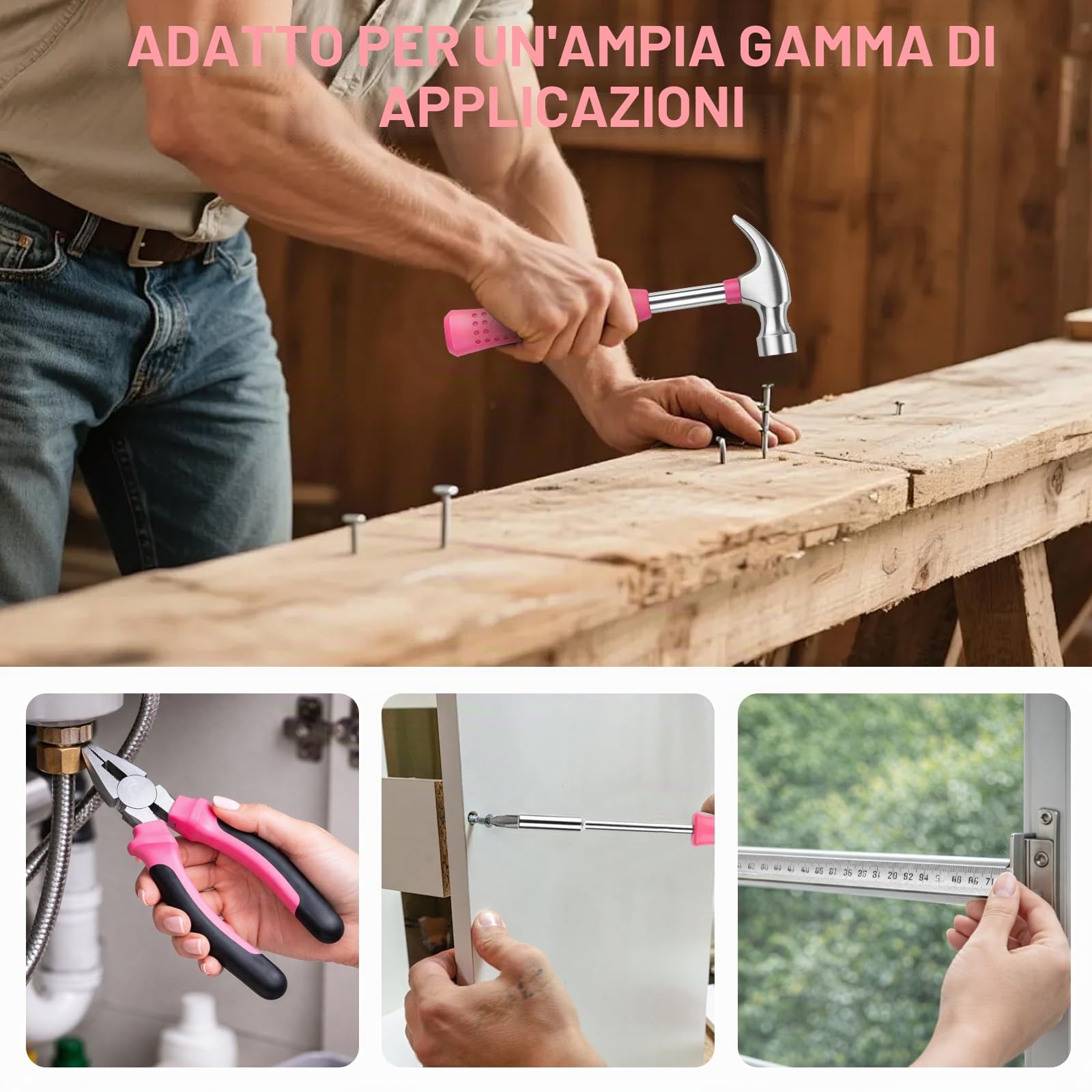 Cassetta Attrezzi Completa Rosa, Valigetta Attrezzi Completa | Valigia Porta Attrezzio, Cassette Porta Attrezzio, Regali Rosa per Donne Uomini, con martello, pinze, cacciaviti, punte, ecc