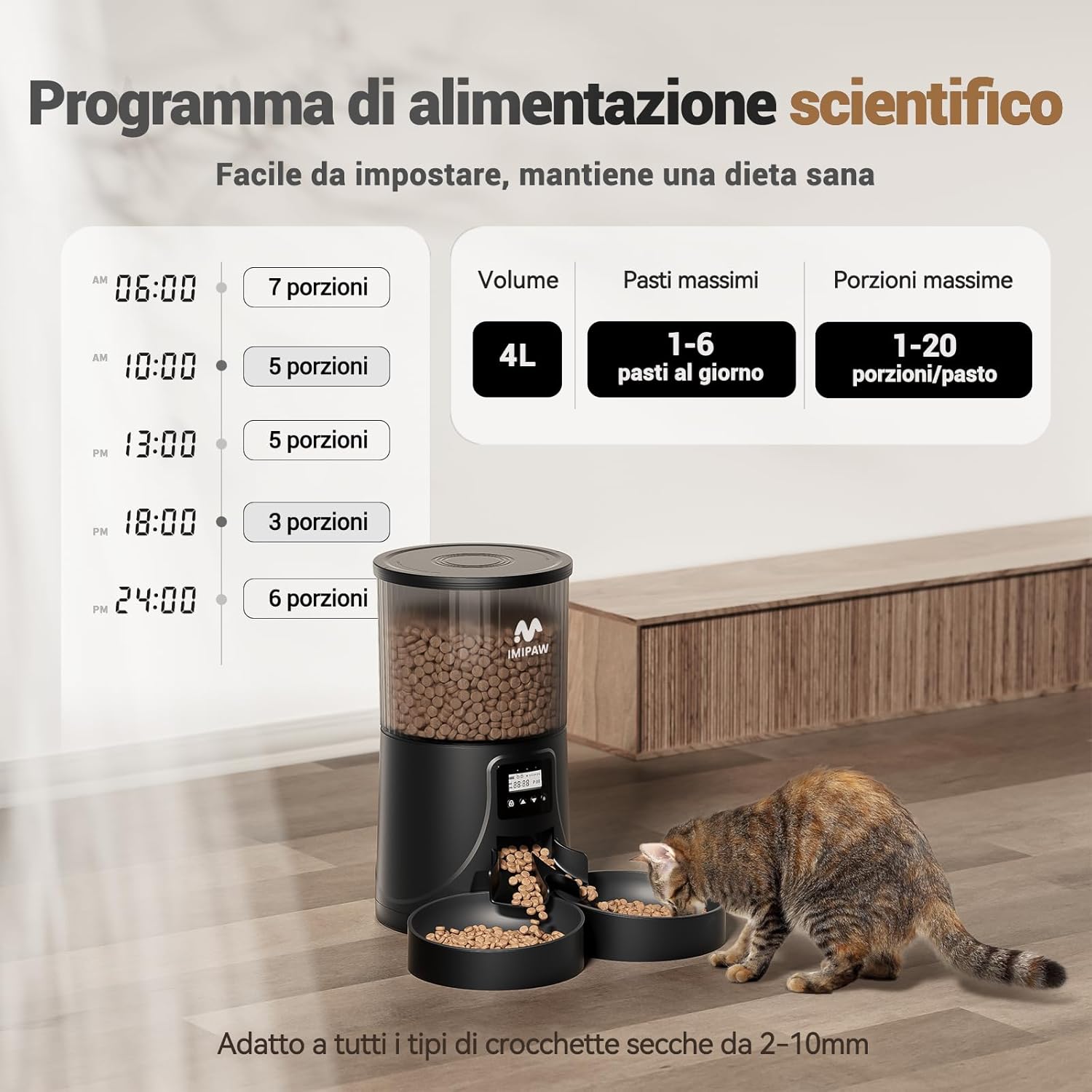 IMIPAW Automatic Pet Feeder with a cat eating, illustrating a scientific feeding program with scheduled meals and portion sizes.