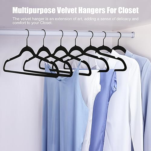 Miniatura 3 de Paquete de 20 perchas de terciopelo antideslizantes de fieltro negro de lujo con ganchos negros, perchas resistentes para armario, perchas negras
