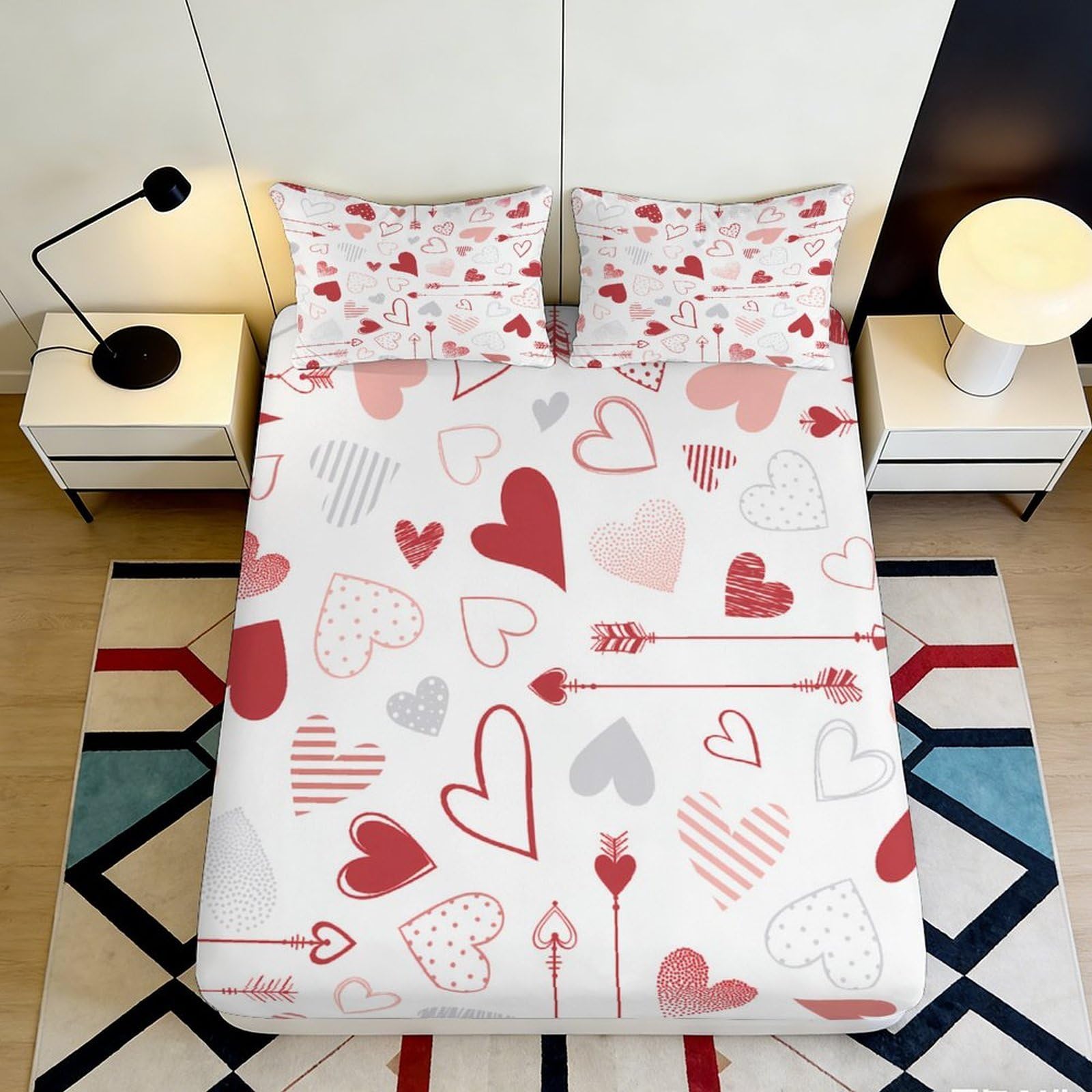 3D Printed romantic hearts Fitted Sheet, soft touch Microfiber, wrinkle resistant, for bedroom or apartment bedding, anti-slip, easy to wash, modern decor, chars 90x200x25cm