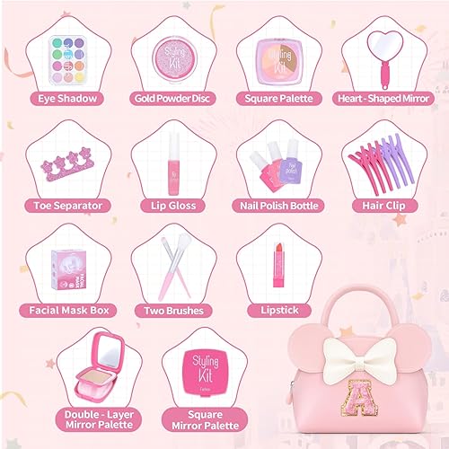 Miniatura 4 de Kit de maquillaje real para niñas  21 piezas de juguetes de maquillaje no tóxicos con monedero inicial  Regalos de cumpleaños personalizados para
