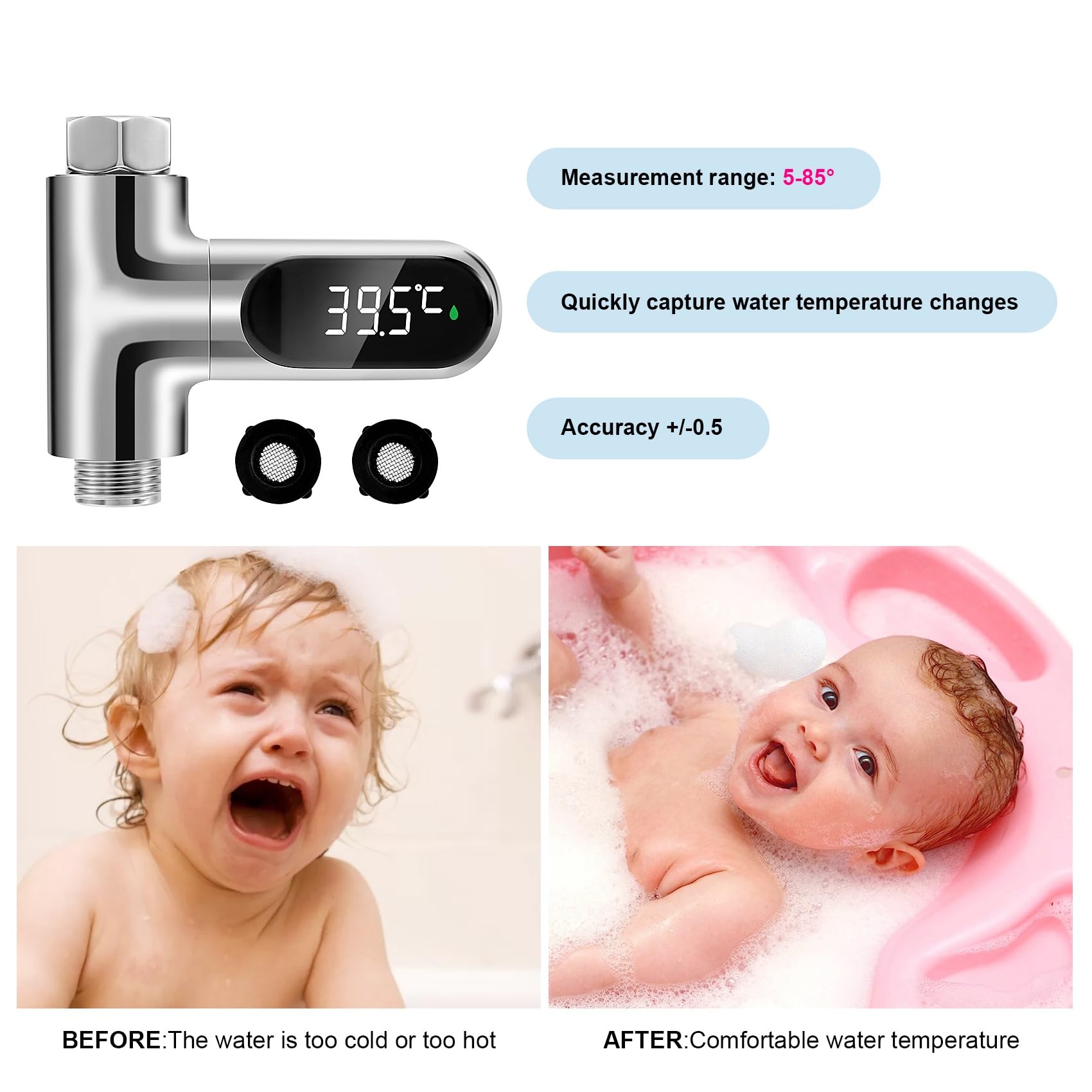 Baby Badethermometer Wasserthermometer, LED-Anzeige Duschthermometer, Wasserdurchfluss Selbstgenerierender Duschtemperaturmesser für die Babypflege