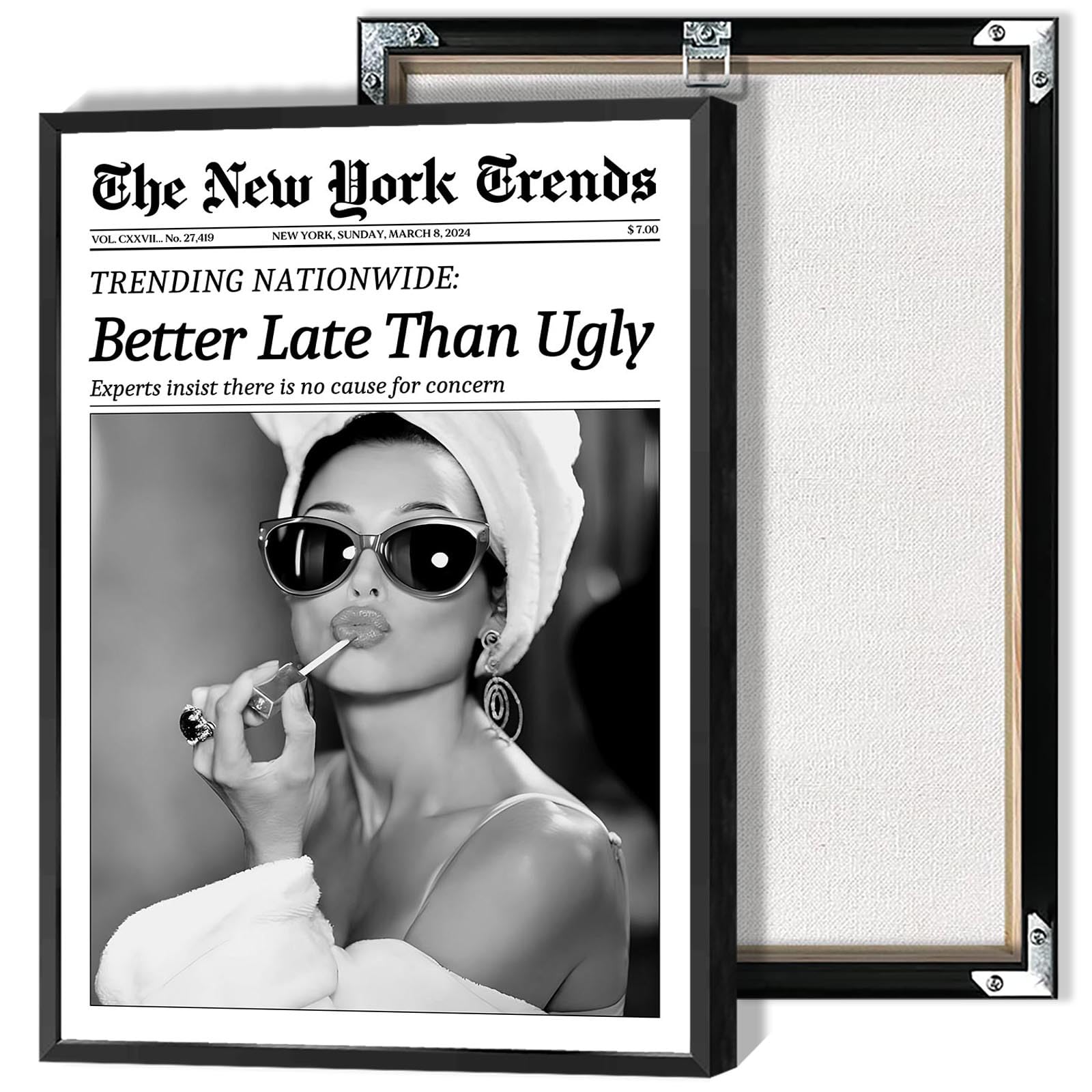 Beshdomp Girls Multi 006 Vintage Better Late Than Ugly Newspaper Posters Black And White Canvas Wall Art Magazine Headline Preppy Prints Painting For Bathroom Home Bedroom Dorm Wall Decor 12X16in Framed