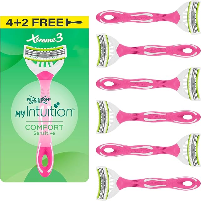 Wilkinson Sword myIntuition Xtreme 3 Comfort Sensitive rasoi da donna monouso, confezione da 4 rasoi per pelli sensibili da donna e 2 rasoi omaggio