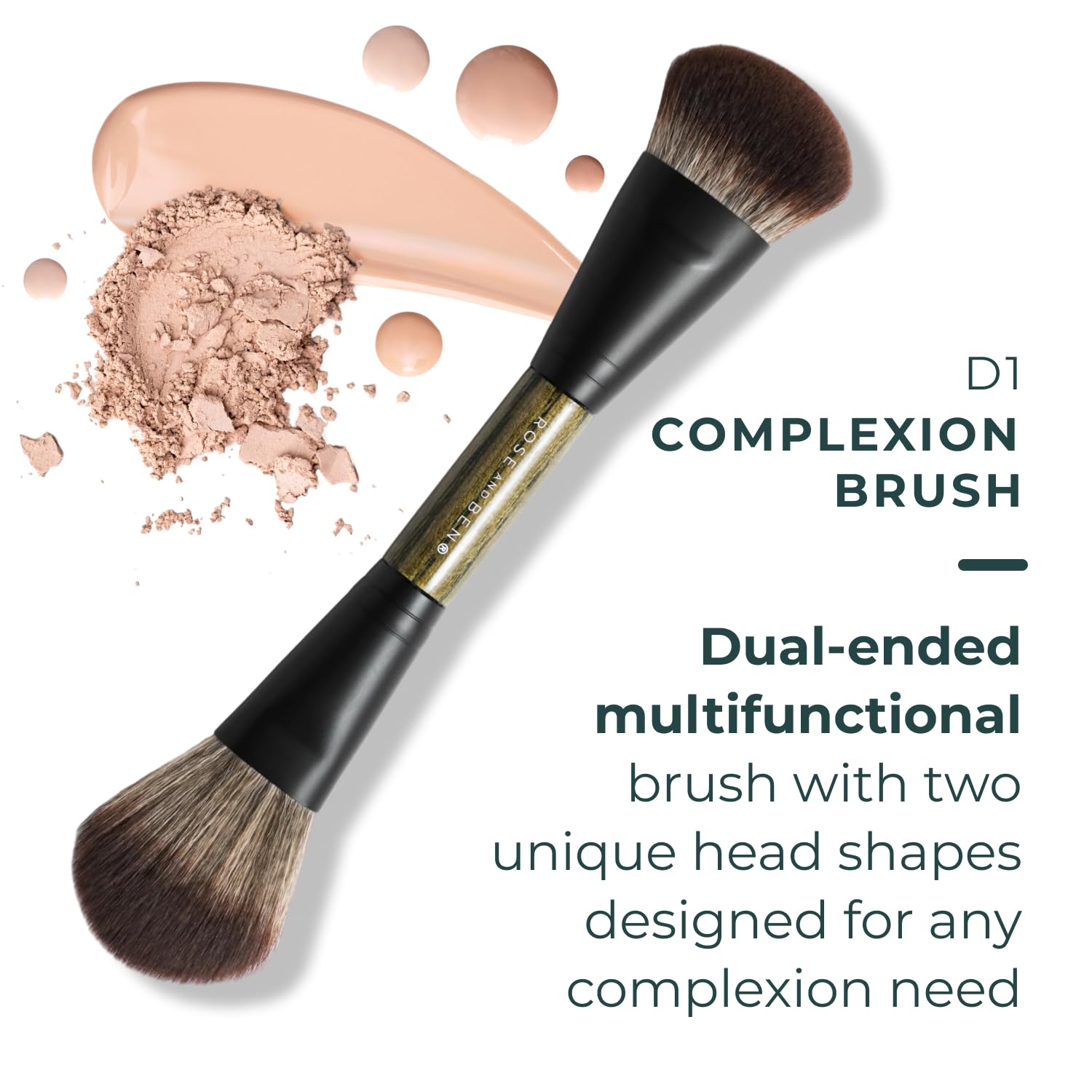Rose and Ben Beauty D2 - Brocha para corrector y tez | Diseño de doble extremo para una mezcla sin costuras | Pulido y ajuste para maquillaje en crema, líquido y polvo | Fibras libres de crueldad