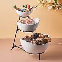 Vista 7 de LYEOBOH Juego de cuencos de 3 niveles con soporte de metal plegable más grueso, platos ovalados para entretener soporte de servicio escalonado