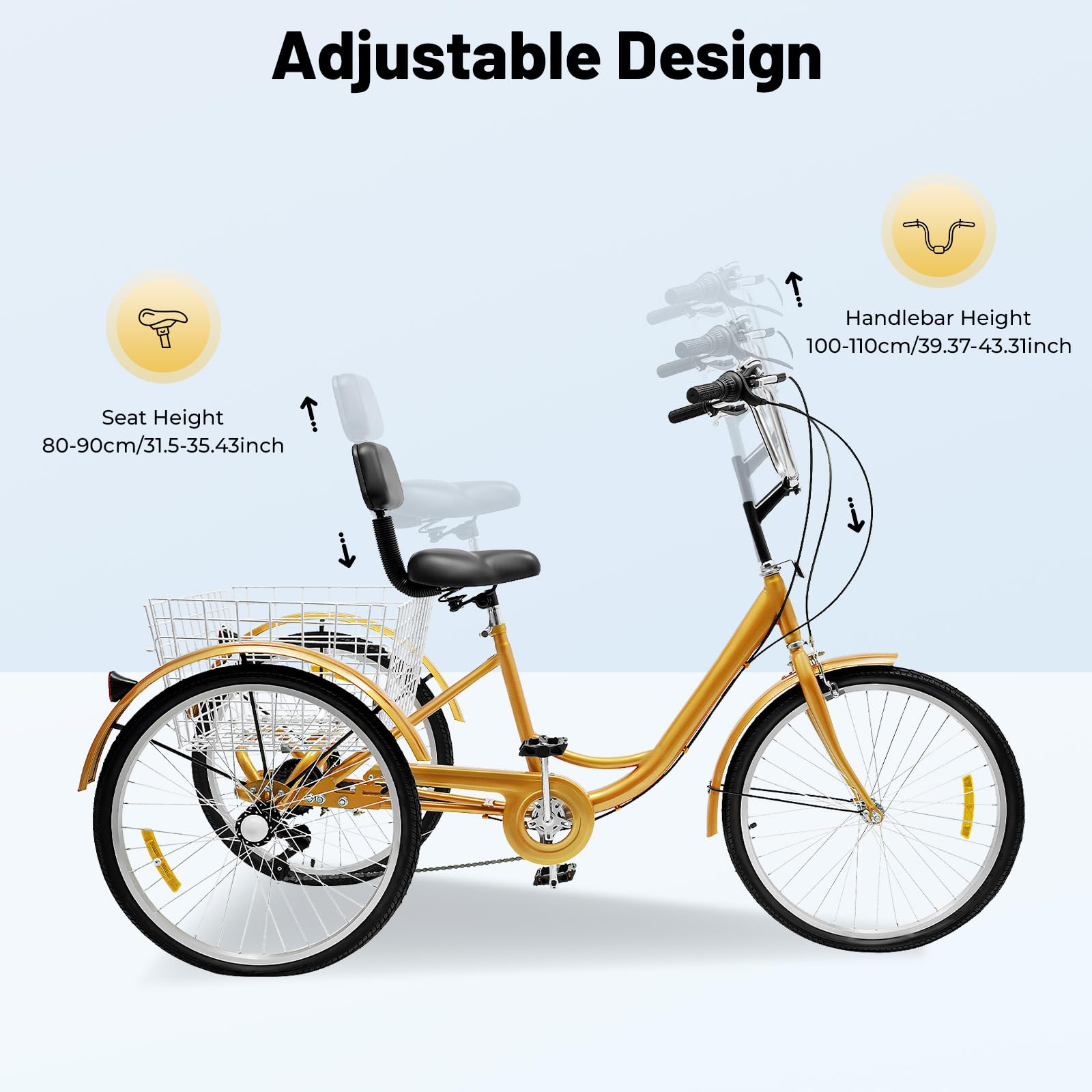 24 Zoll Erwachsenes Dreirad 6-Gang Verstellbares Trike Mit Einkaufskorb Dreirädriges Cruiser-Fahrrad Für Erholung Einkaufen Picknicks