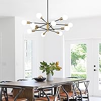 Vista 9 de Lámpara de techo moderna de 33 pulgadas, candelabros Sputnik de 12 luces, candelabro de mediados de siglo dorado cepillado y negro sobre mesa