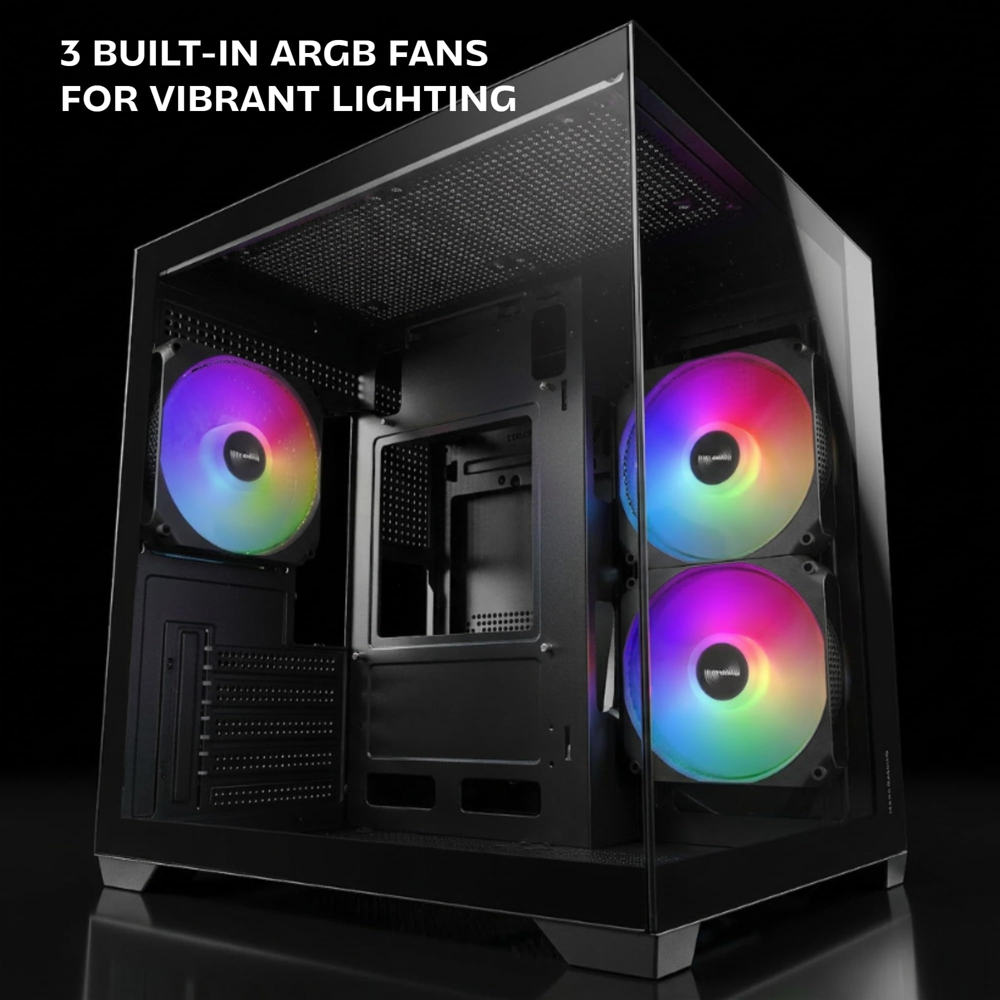 Mars Gaming MC-VIEW3, Caja PC MicroATX, Cristal Templado Panorámico, 3X Ventiladores ARGB 120mm, Doble Cámara, Soporte Refrigeraciones Líquidas hasta 240mm, Minitorre Compacta con USB-C, Negro