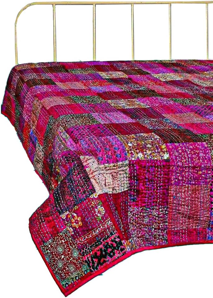 Bohemian Patchwork Kantha Quilt, Boho King Size Bedding Throw Blanket, Patola Silk Patch Work Kantha Quilt, Handmade Kantha Bedcover (Purple, 108"x 108" Inch)