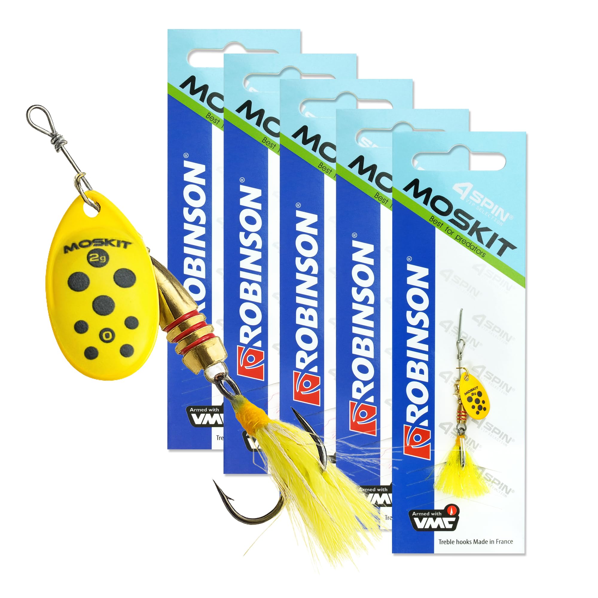 ROBINSON Spinner Angelköder 5er Set mit intensiven Vibrationen & breitem Spinnerblatt - VMC-Drillingshaken & Reizfaden – Kunstköder für Hecht, Barsch & Forelle (Black Tracks, Größe 0 (2g) - 5 Stück)