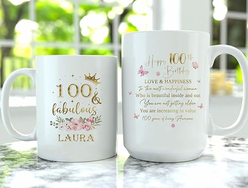 Miniatura 4 de Taza de cerámica única para regalo de cumpleaños número 100 y fabuloso, 100 años, idea de regalo, nombre personalizado, 11 onzas, 15 onzas