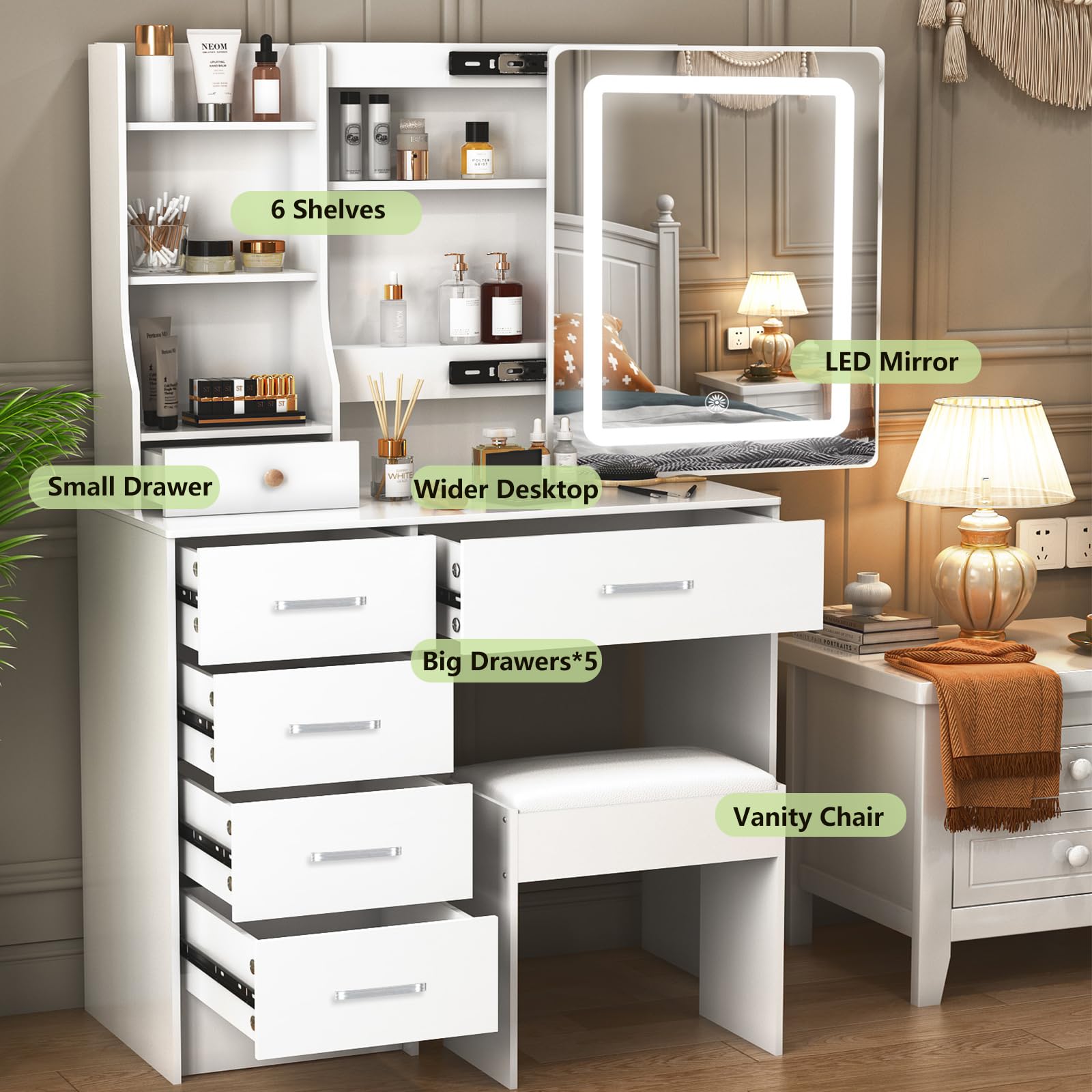 Caulitar Premium Vanity Desk with Mirror and LED Lights, 55.1