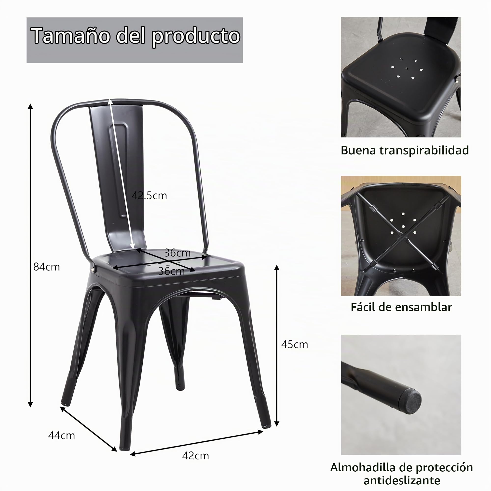 Juego de 8 Sillas de Comedor de Metal con Respaldo Apilable, Diseño Industrial de Estilo Vintage para Restaurante, Boda, Cafetería, Jardín (Negro)