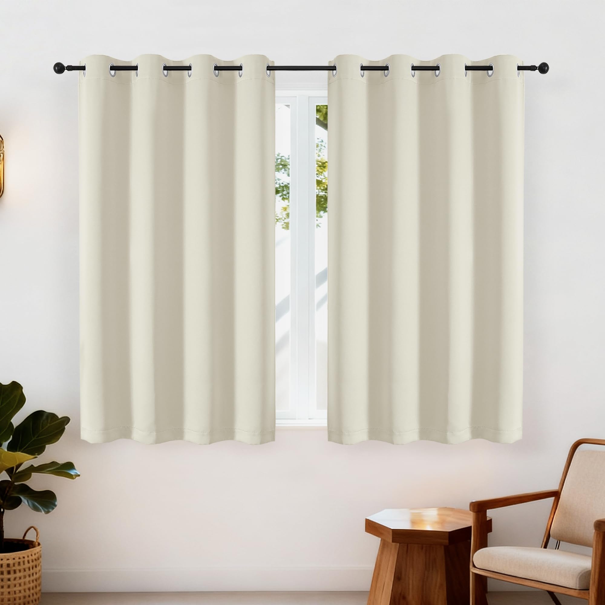 Simplebrand Ava Natural Short Blackout Eyelet Curtains for Bedroom 122 cm Long 2 Panels Set, Thermal Insulated, Energy Saving Window Treatment Door Curtains & Drapes Black Out, W 140 cm x L 122 cm — image 1