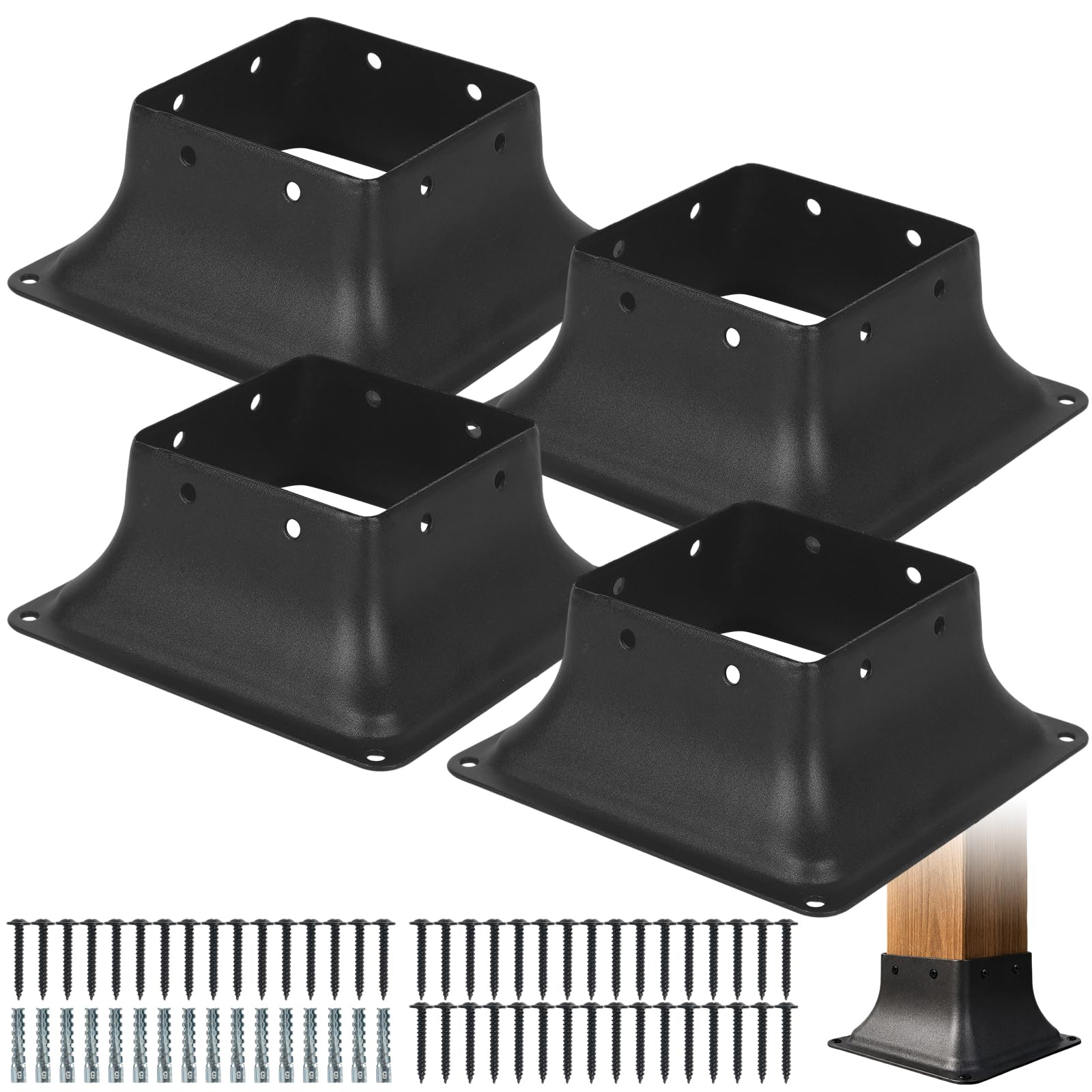 4 Pcs Fence Post Brackets, 4"x4" (Inner Size 3.6"X3.6") Heavy Duty Post Anchors, Black Powder-Coated Deck Post Base Brackets for Pergola Railing Mailbox Deck
