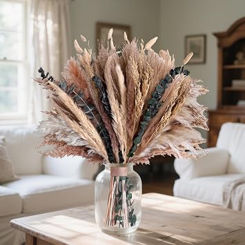 Pampas Grass Boho Home Decor 71PCS 17 inch Natural Dried Flowers for Vase Eucalyptus Stems Pompas Dried Flowers Bouquet DIY Arrangements Boho Wedding Bedroom Tables Decoration