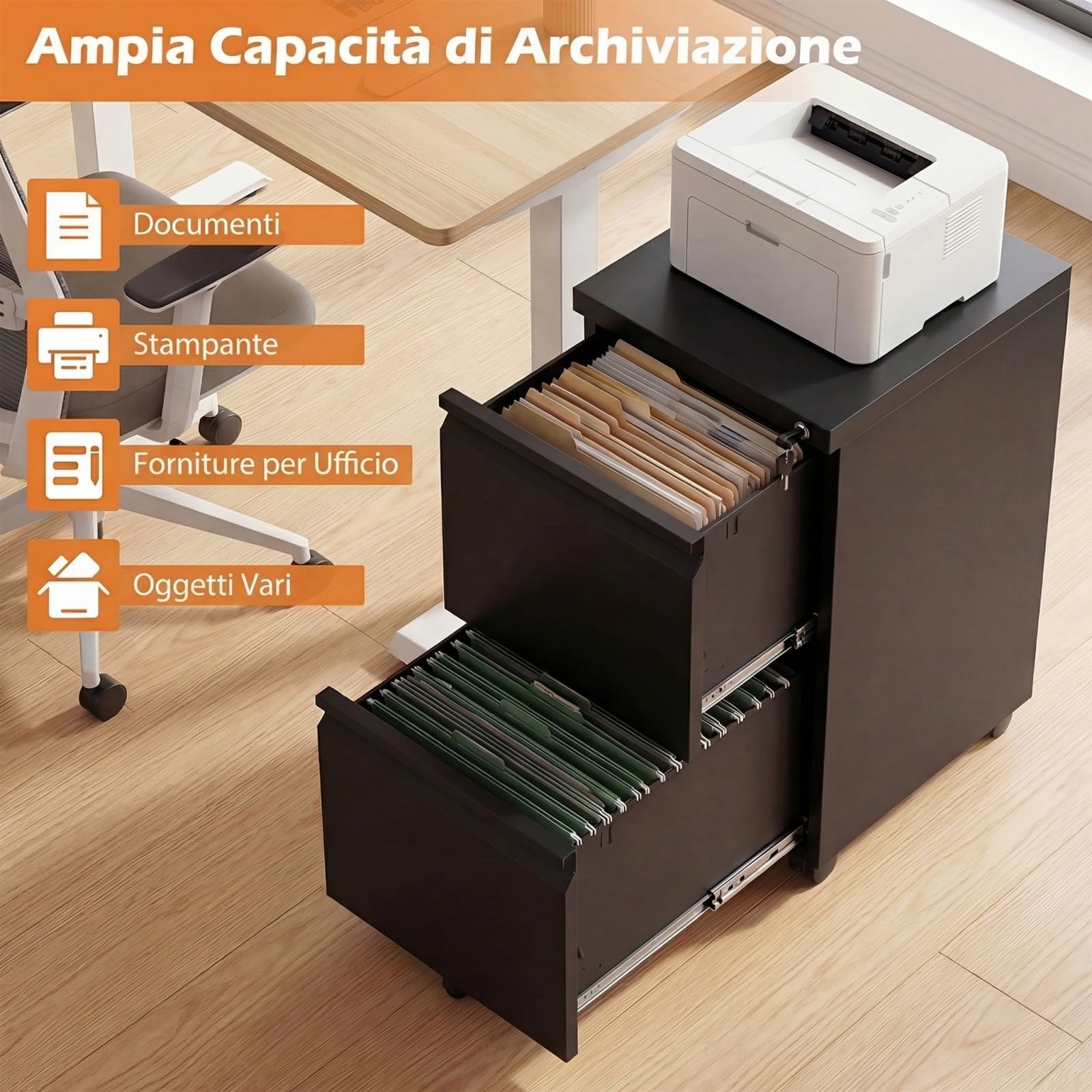 COSTWAY Cassettiera da Ufficio a 2 Cassetti, Mobiletto per Documenti con 5 Ruote e Serratura, Schedario da Ufficio in Acciaio per File Formato A4, Letter e Legal, 37 x 44 x 67 cm