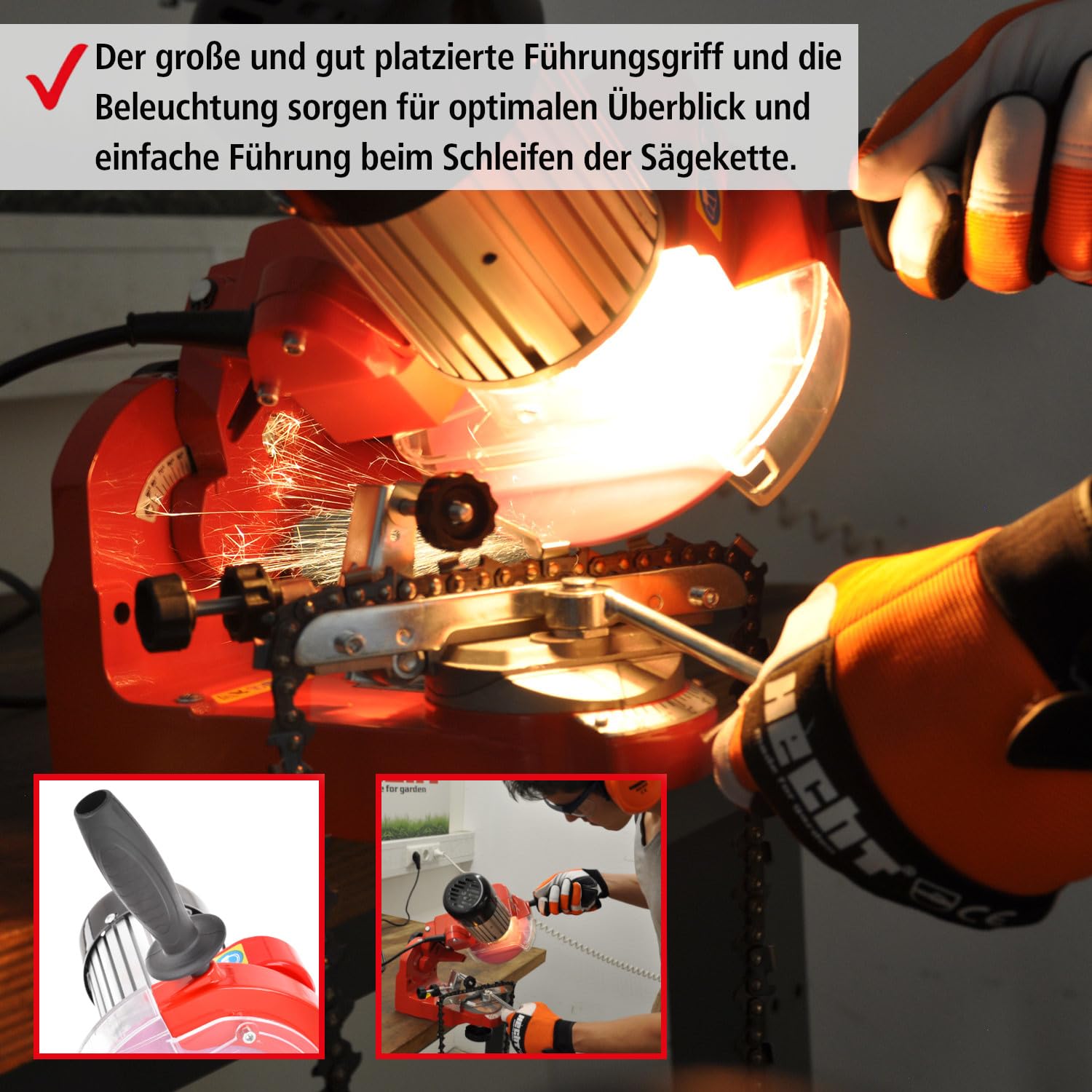 HECHT Sägeketten-Schärfgerät Kettenschärfer SET- Schleifkopf einstellbar, Kettenspannvorrichtung Skala 2 Schleifscheiben 3,2mm 4,7mm Schleifhilfe + Schutzbrille, Schärfmaschine für Kettensägen