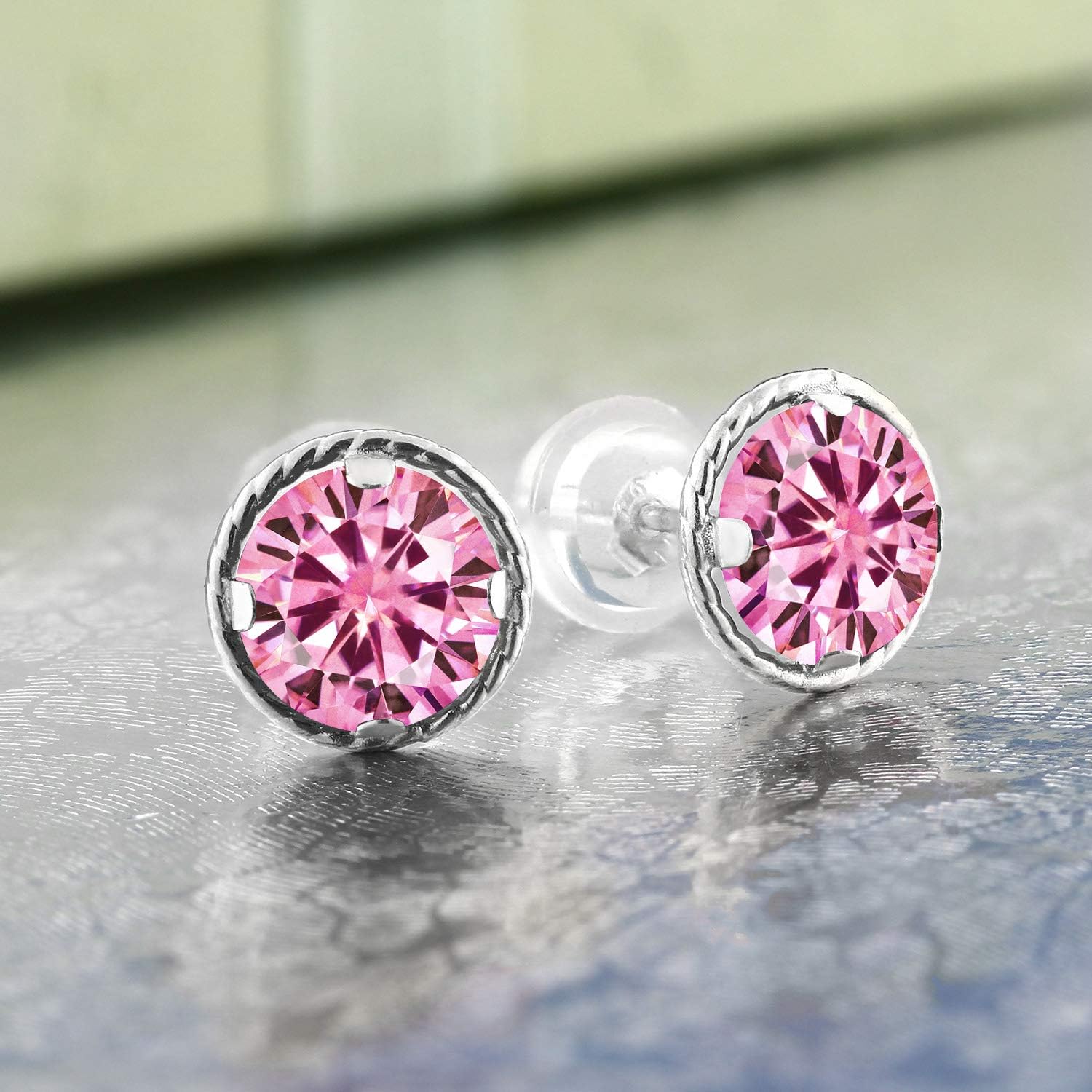 Gem Stone King 14K White Gold Pink Moissanite Stud Earrings For Women Men (2.00 Cttw, Round 6.5MM) - Image 3