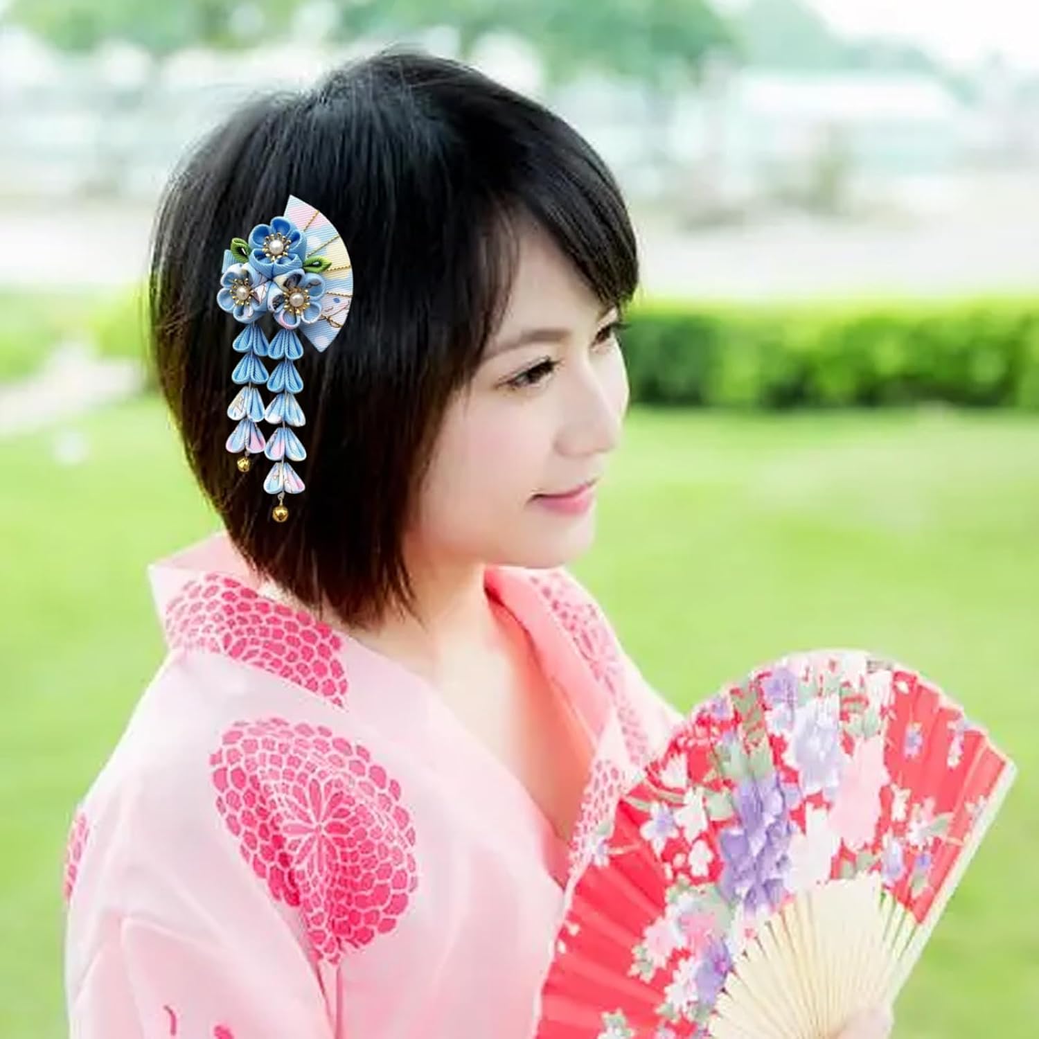 Japanese Tassel Hair Clip Women Chinese Hanfu Kimono Hair Accessories Floral Bell Pearl Fan-shape Clip for Cosplay Photo Prop (Blue) image 3